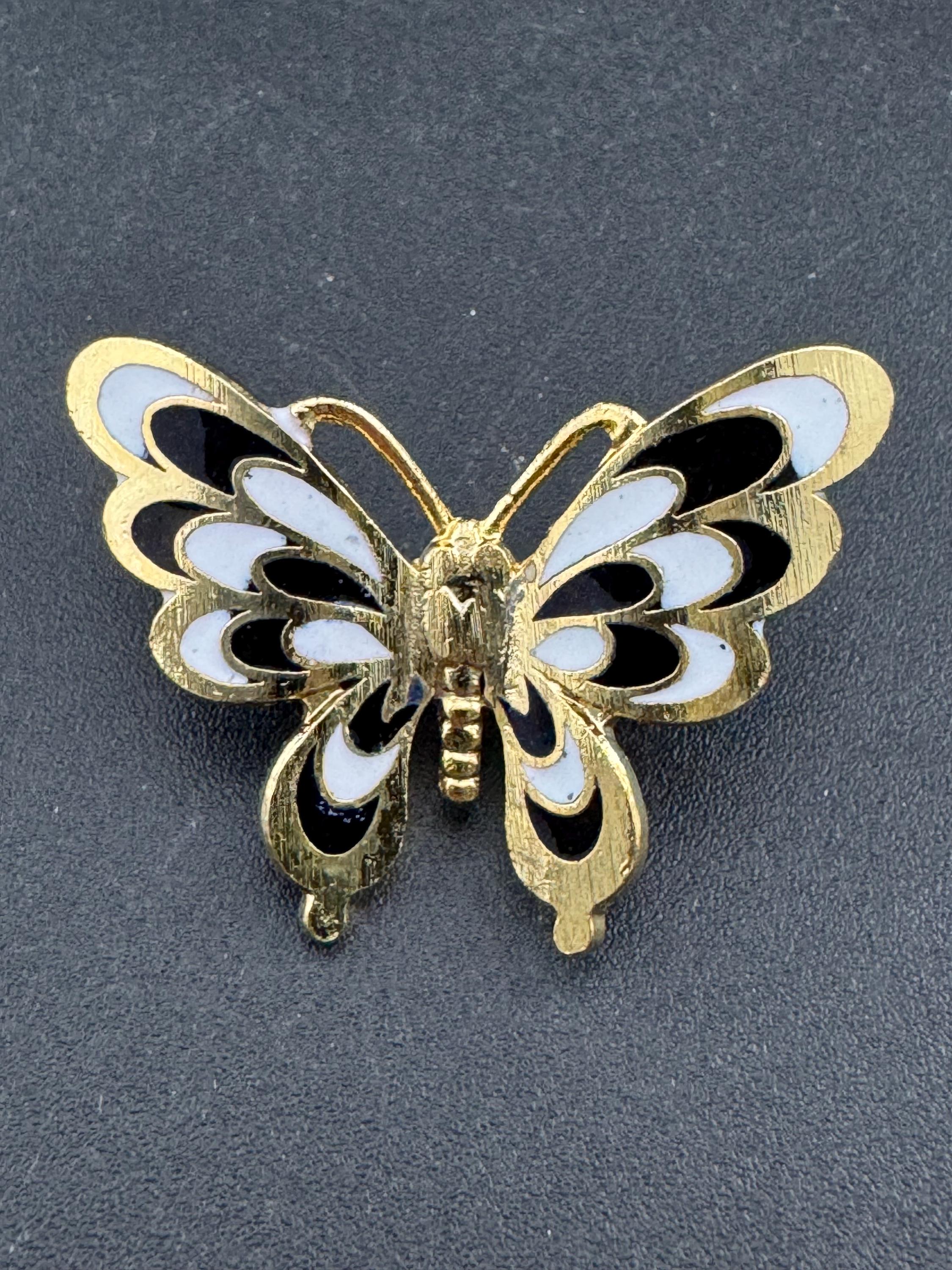 1980s Cloisonné Enamel Butterfly Brooch: Navy, Black & Gold, Unused