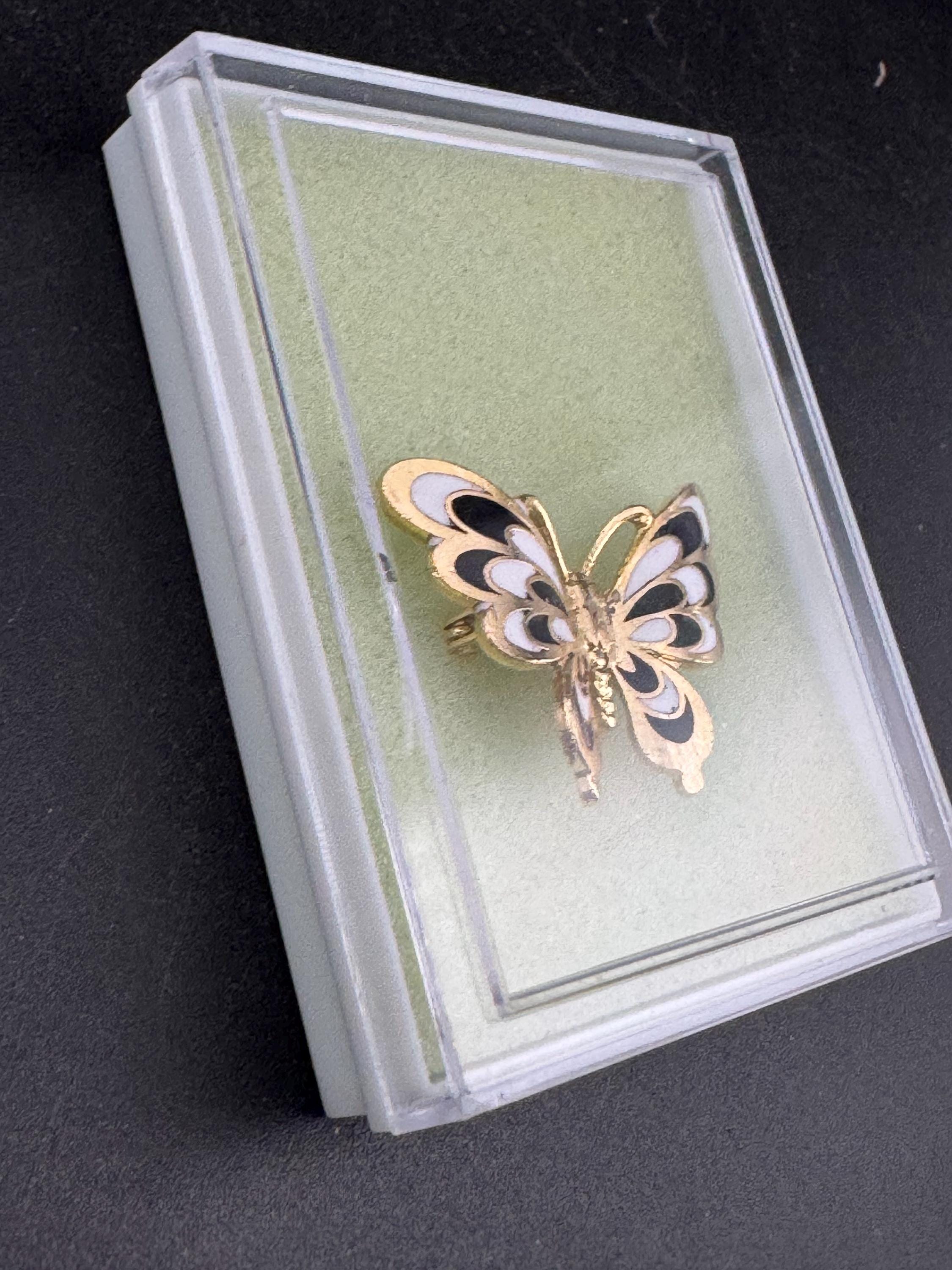 1980s Cloisonné Enamel Butterfly Brooch: Navy, Black & Gold, Unused