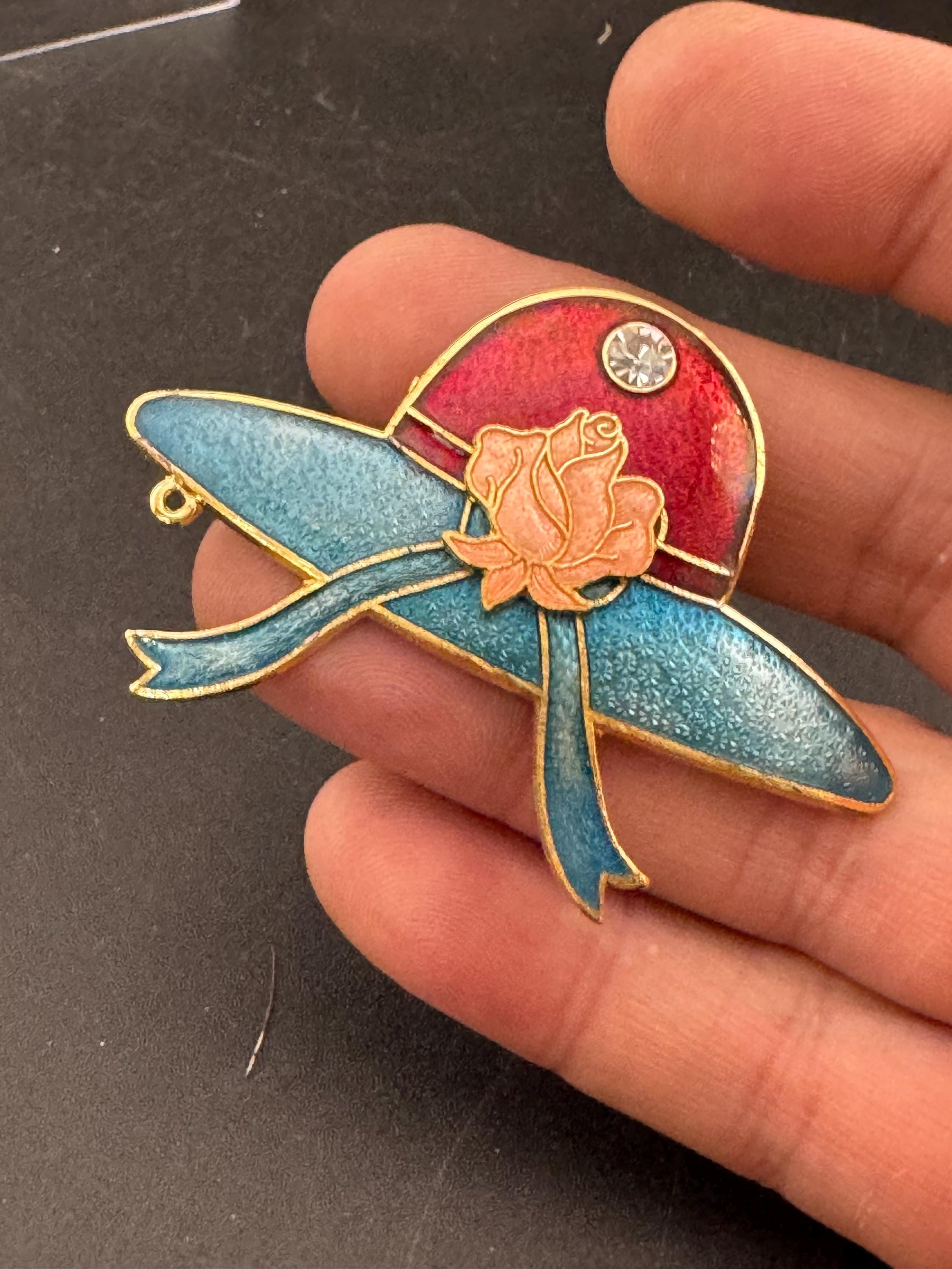 1980s novelty ladies hat turquoise blue and red cloisonné enamel gold tone brooch unused old shop stock boxed
