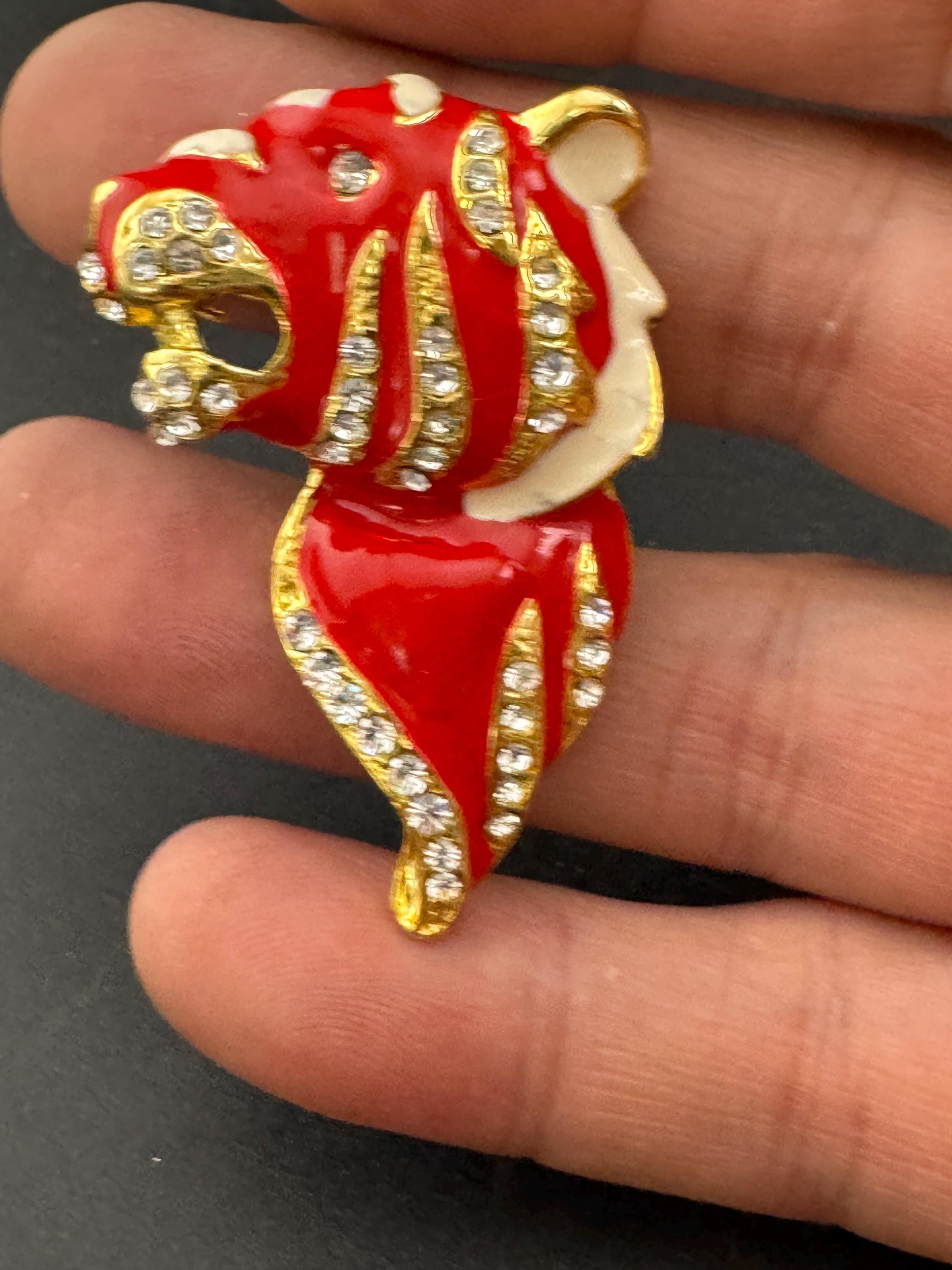 Vintage big cat Tiger Brooch: Rhinestone Red enamel
