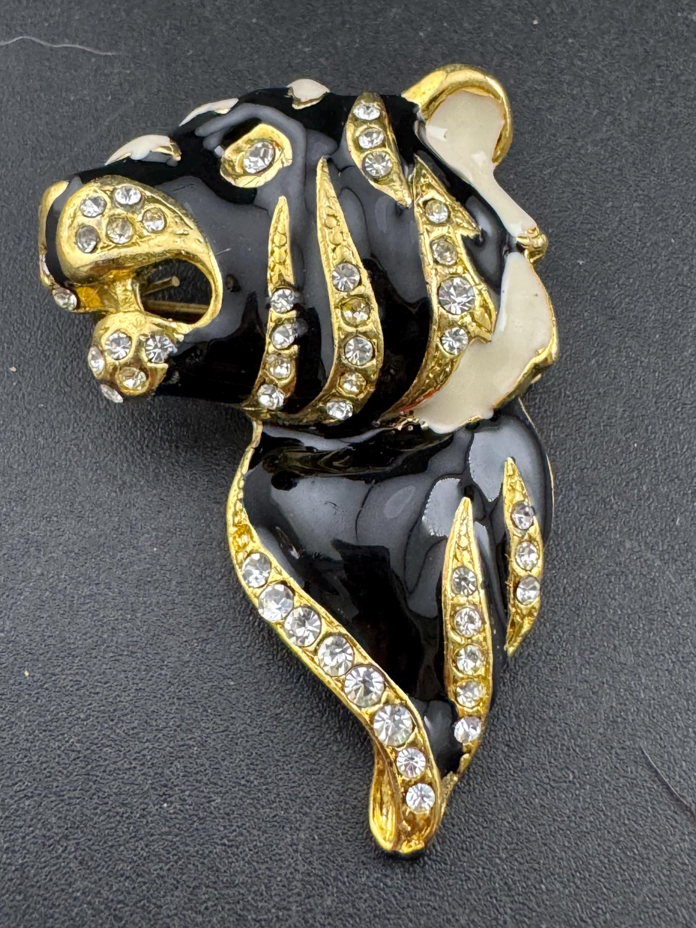 Vintage Rhinestone black Tiger Brooch: Enamel Big Cat, Gold Tone