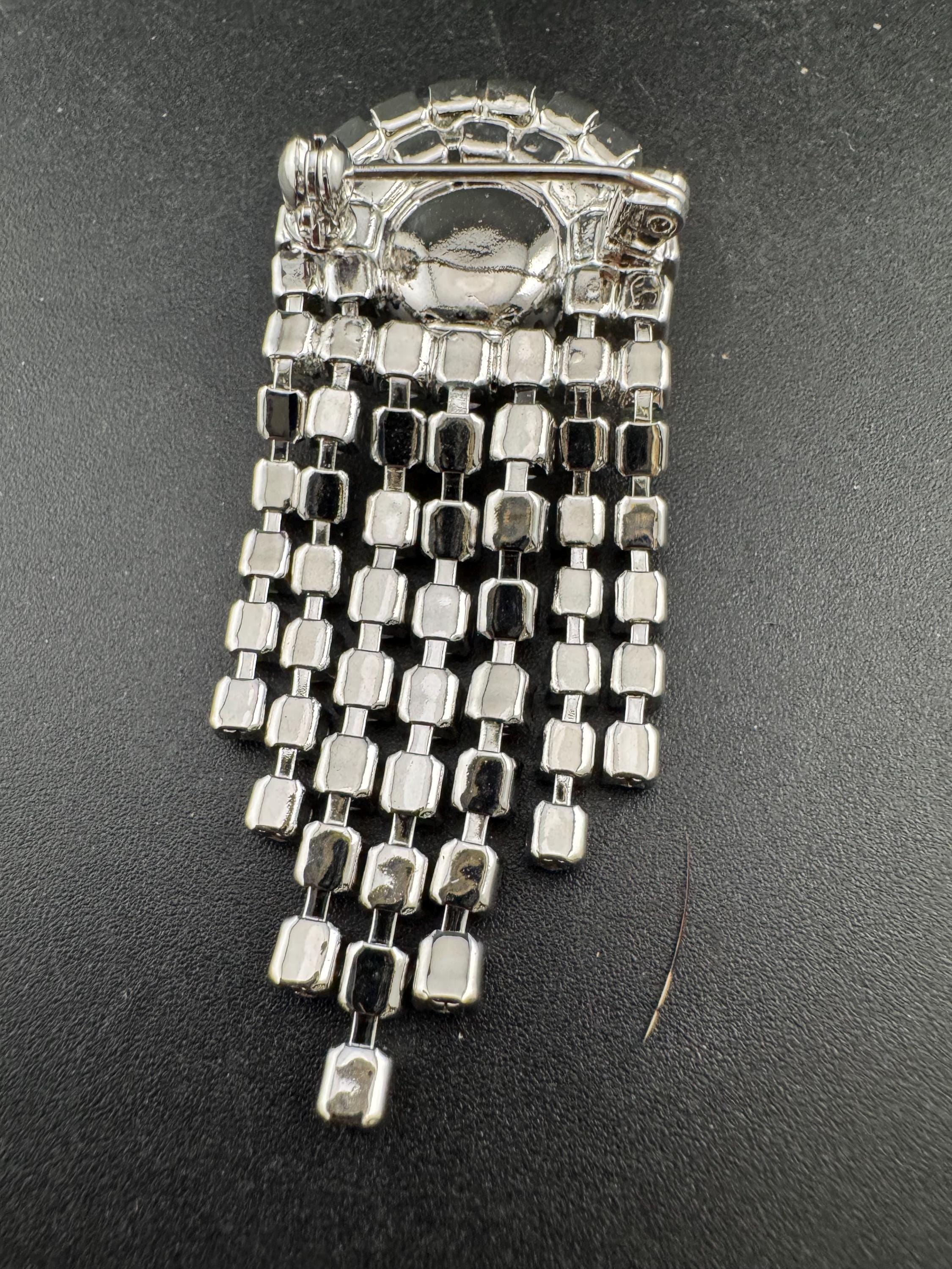 1980s Swarovski Diamanté Tassel Brooch: Art Deco Silver Tone