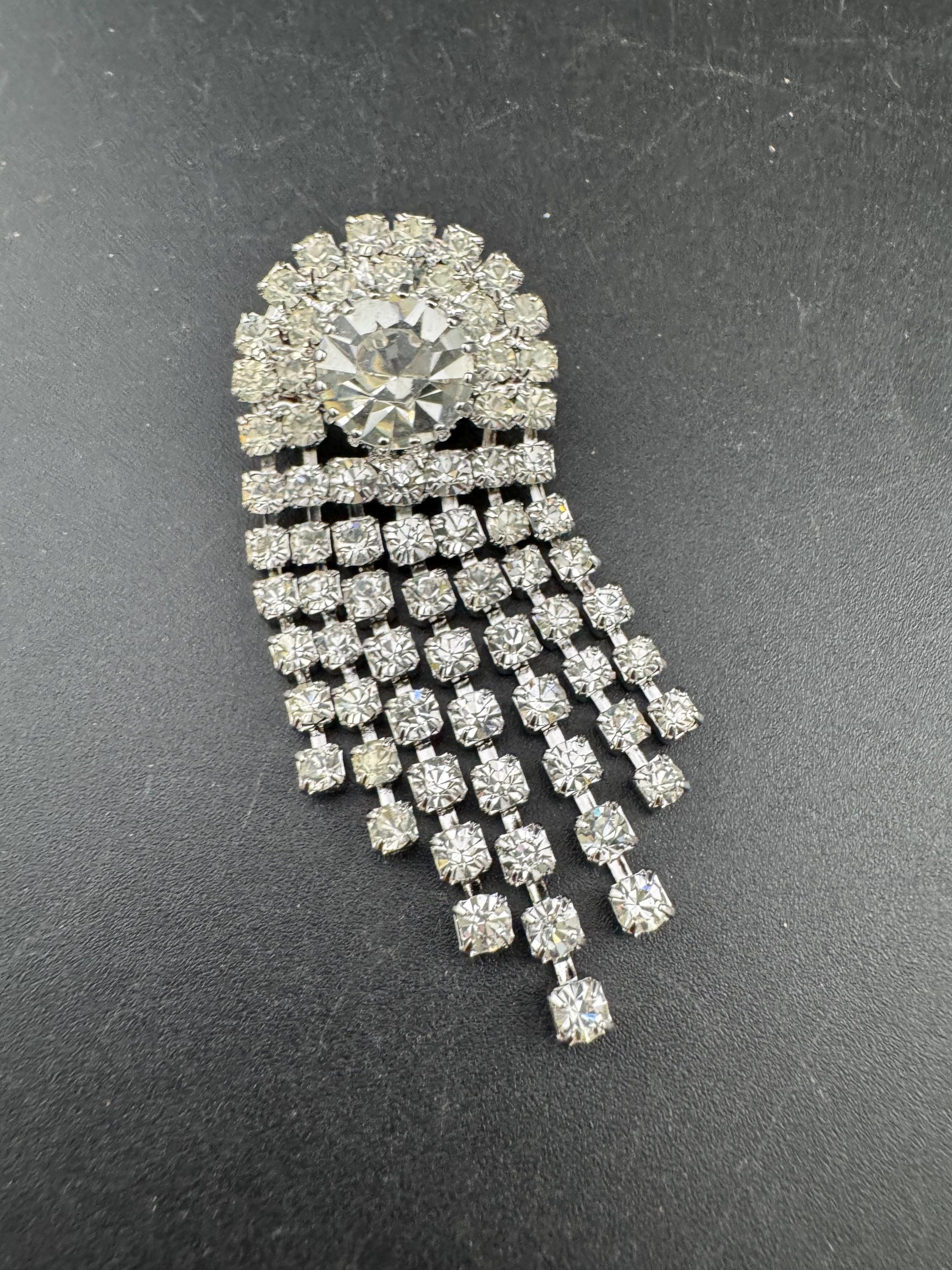 1980s Swarovski Diamanté Tassel Brooch: Art Deco Silver Tone