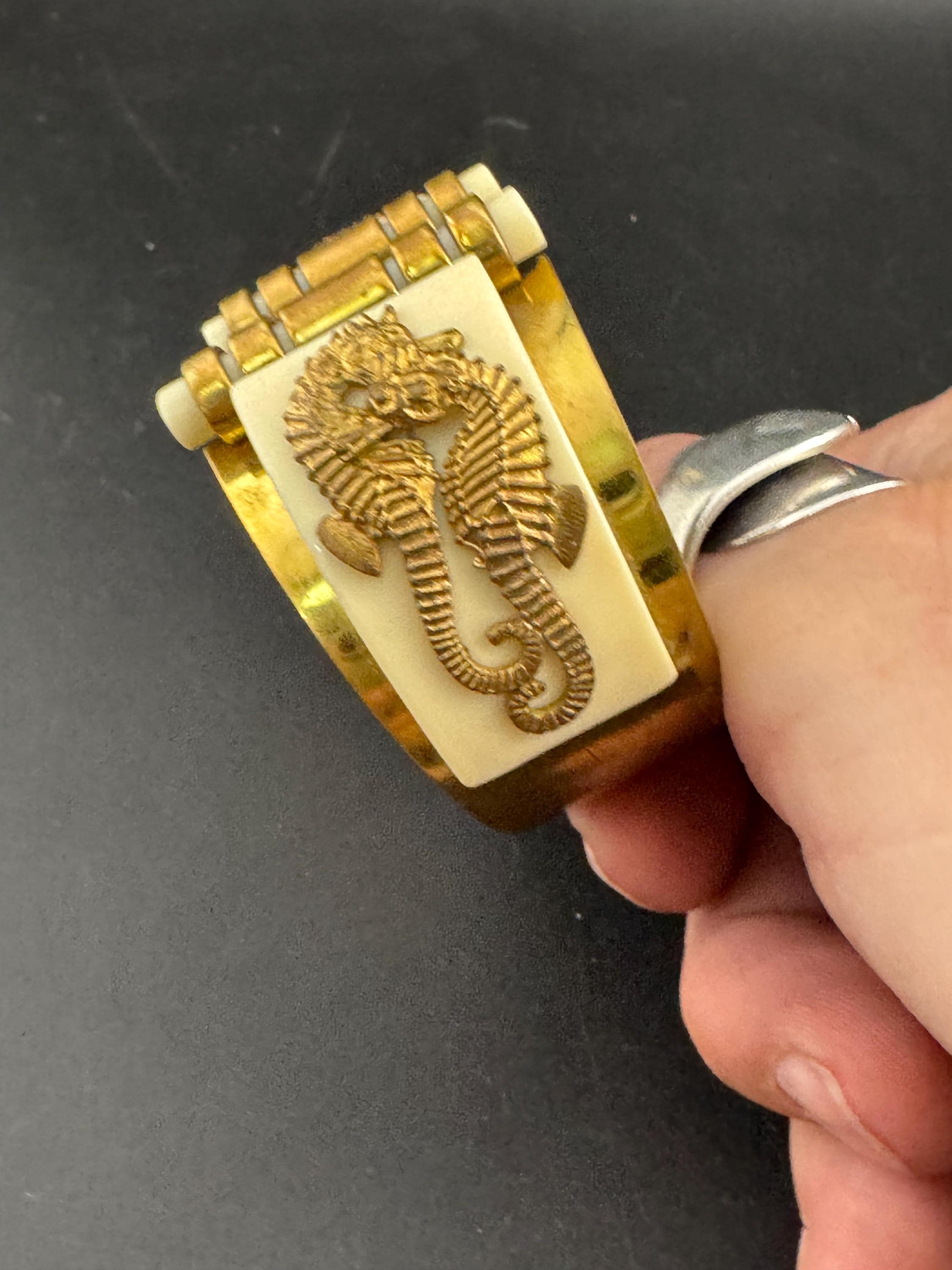 Super Vintage art deco brass and galalith seahorse Bangle bracelet , attributed to Jean Painleve l’hippocampus range