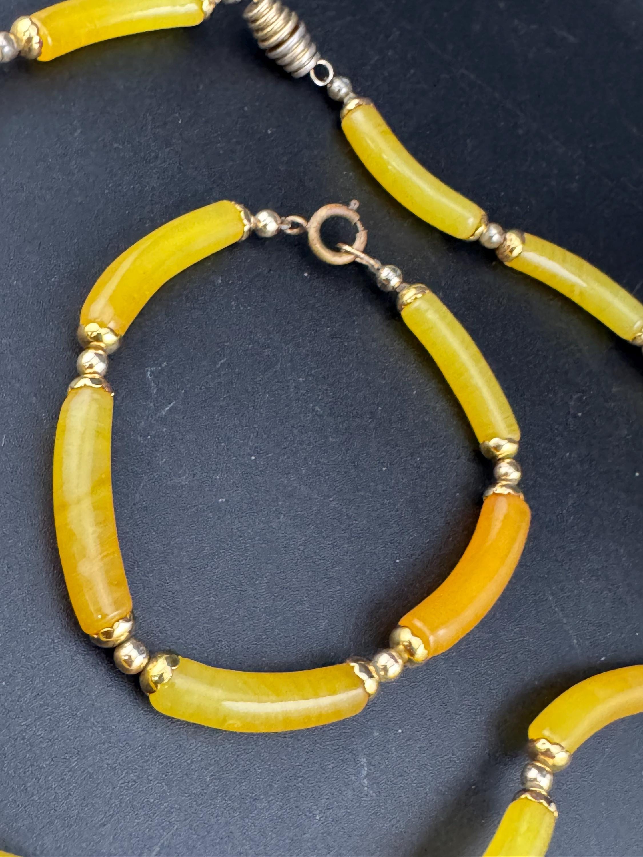 Vintage Chinese yellow glass tube beaded collar necklace with matching bracelet