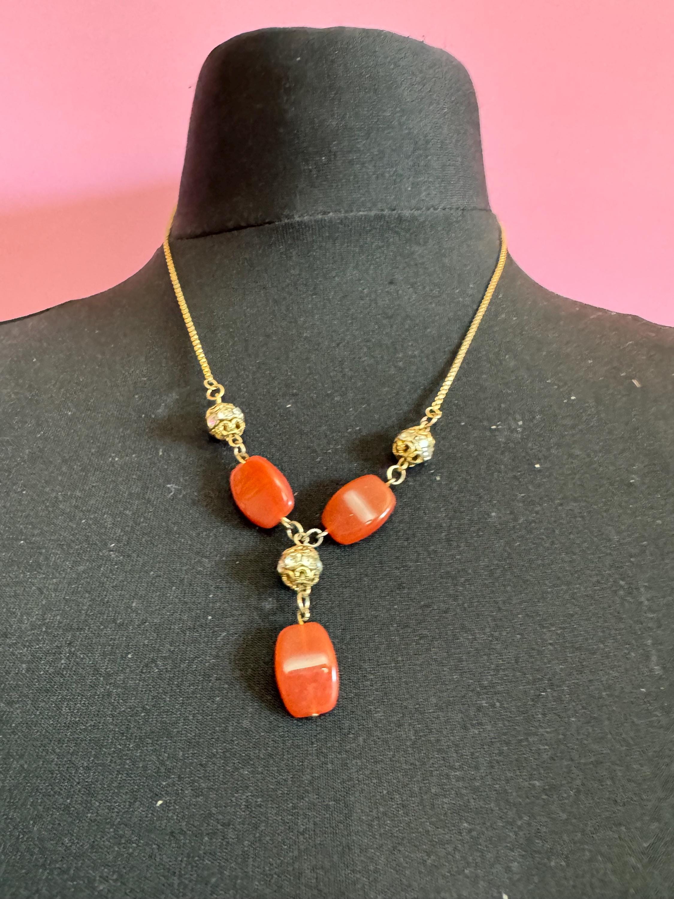 Art Deco Filigree Necklace: Carnelian Beads, Czech Glass, Gilt Metal
