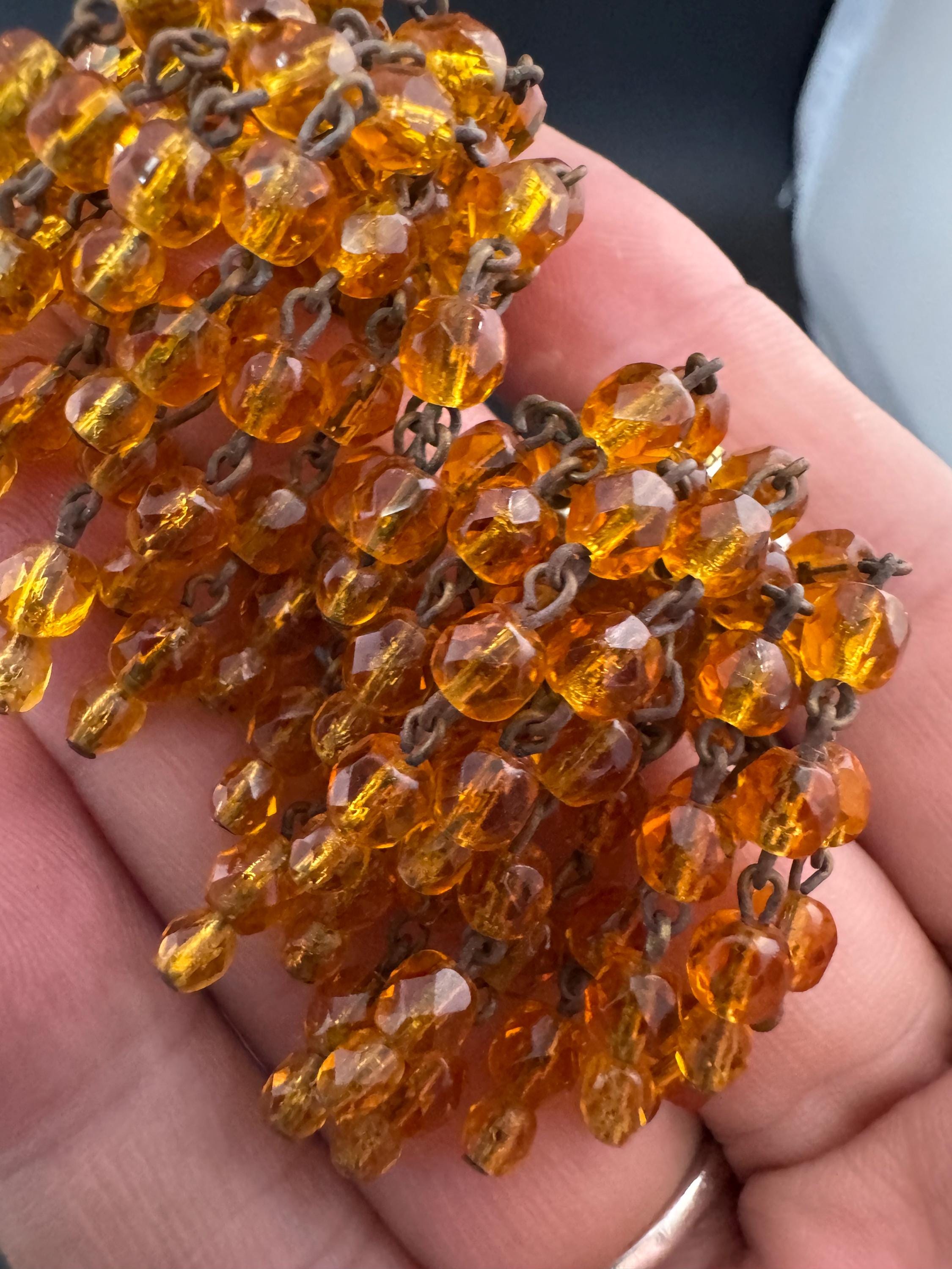 Vintage early mid century amber glass beaded rhinestone gem set clip on chandelier waterfall drop earrings