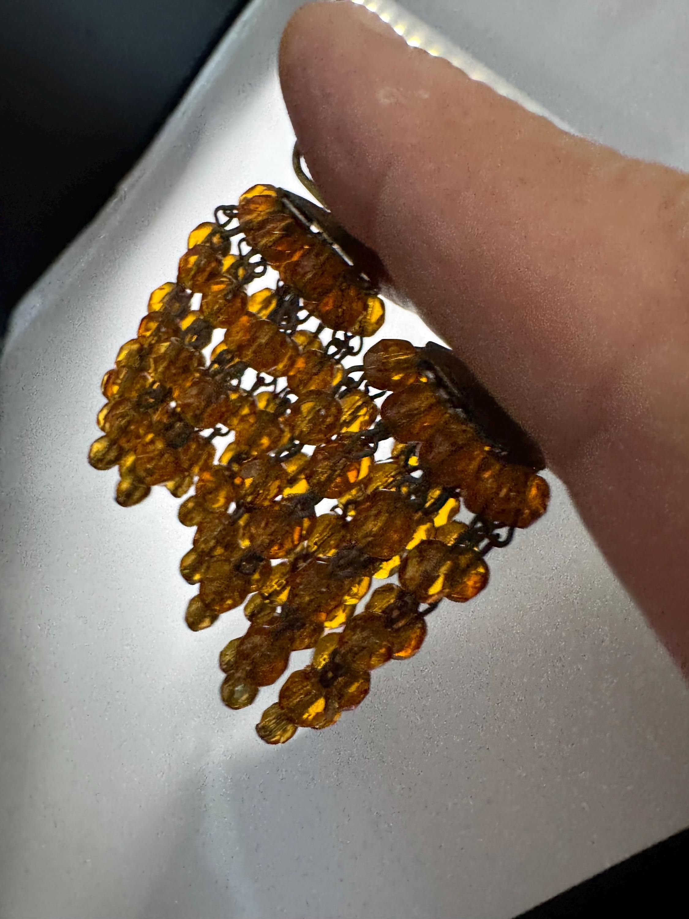 Vintage early mid century amber glass beaded rhinestone gem set clip on chandelier waterfall drop earrings