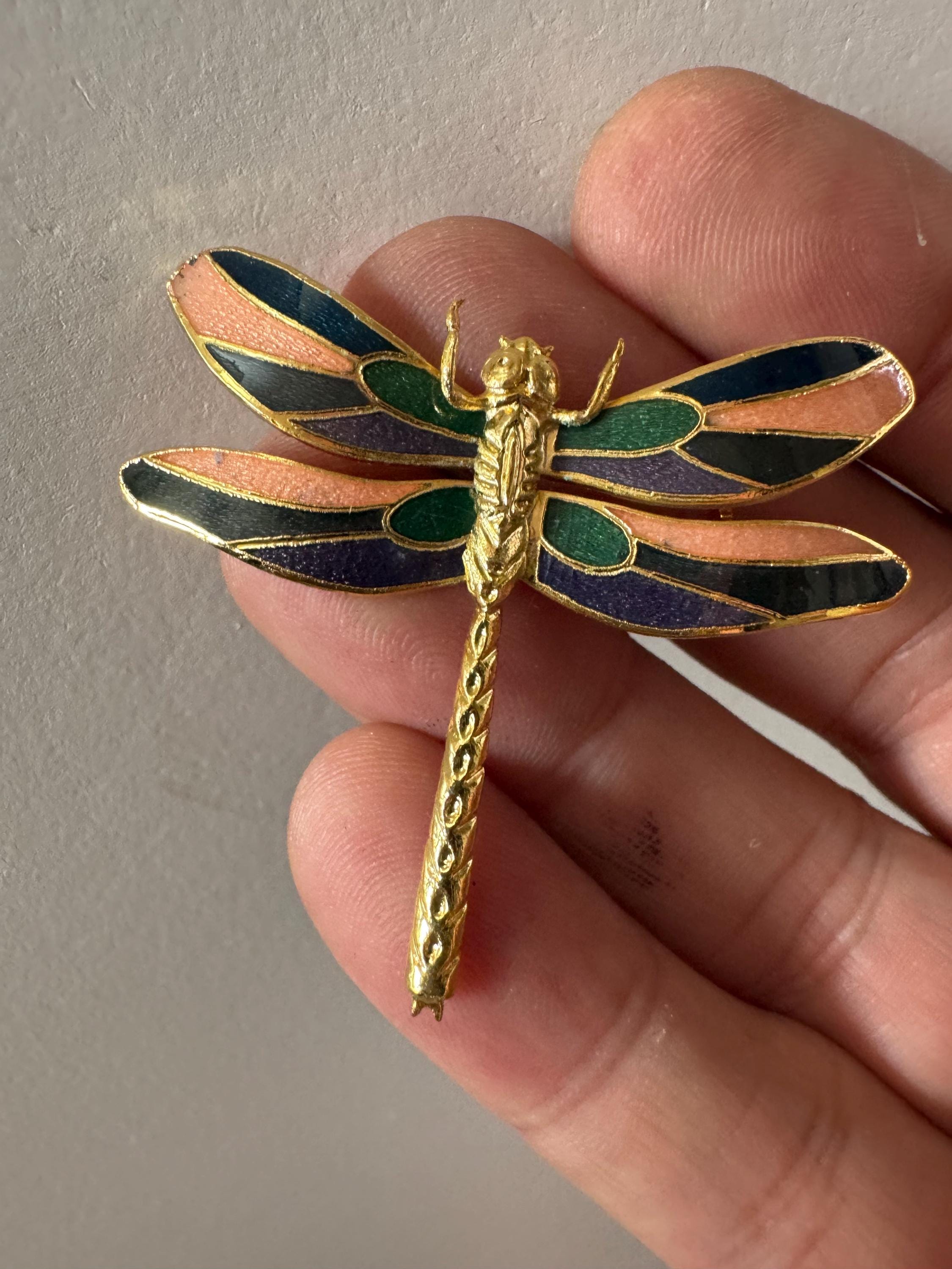 1980s Cloisonné Enamel Dragonfly Brooch: Purple, Green & Pink - Unused Shop Stock