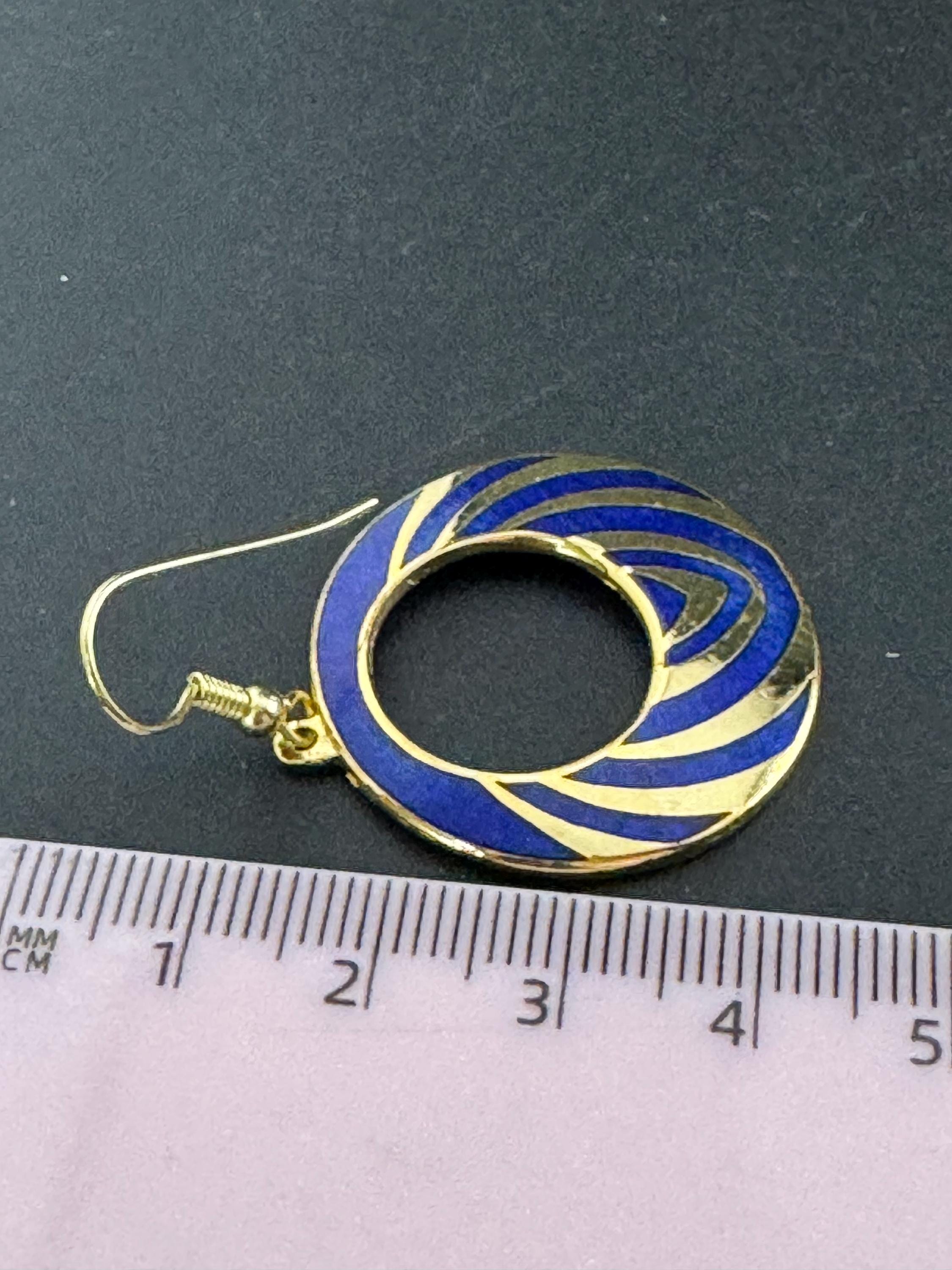 vintage 1980s bright blue and gold enamel collar necklace and matching disc earrings, unused retro jewelry set