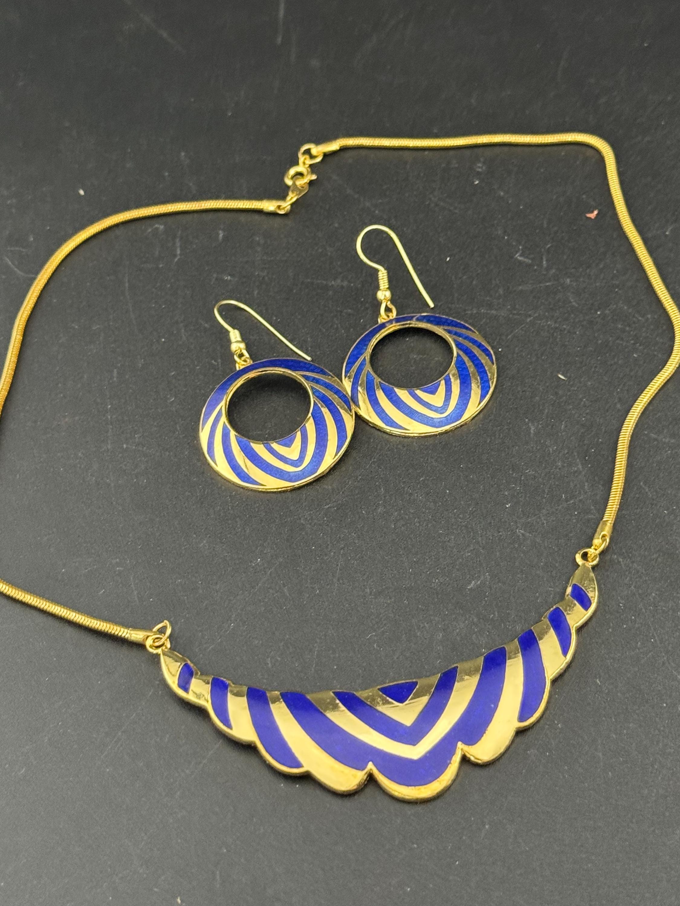 vintage 1980s bright blue and gold enamel collar necklace and matching disc earrings, unused retro jewelry set