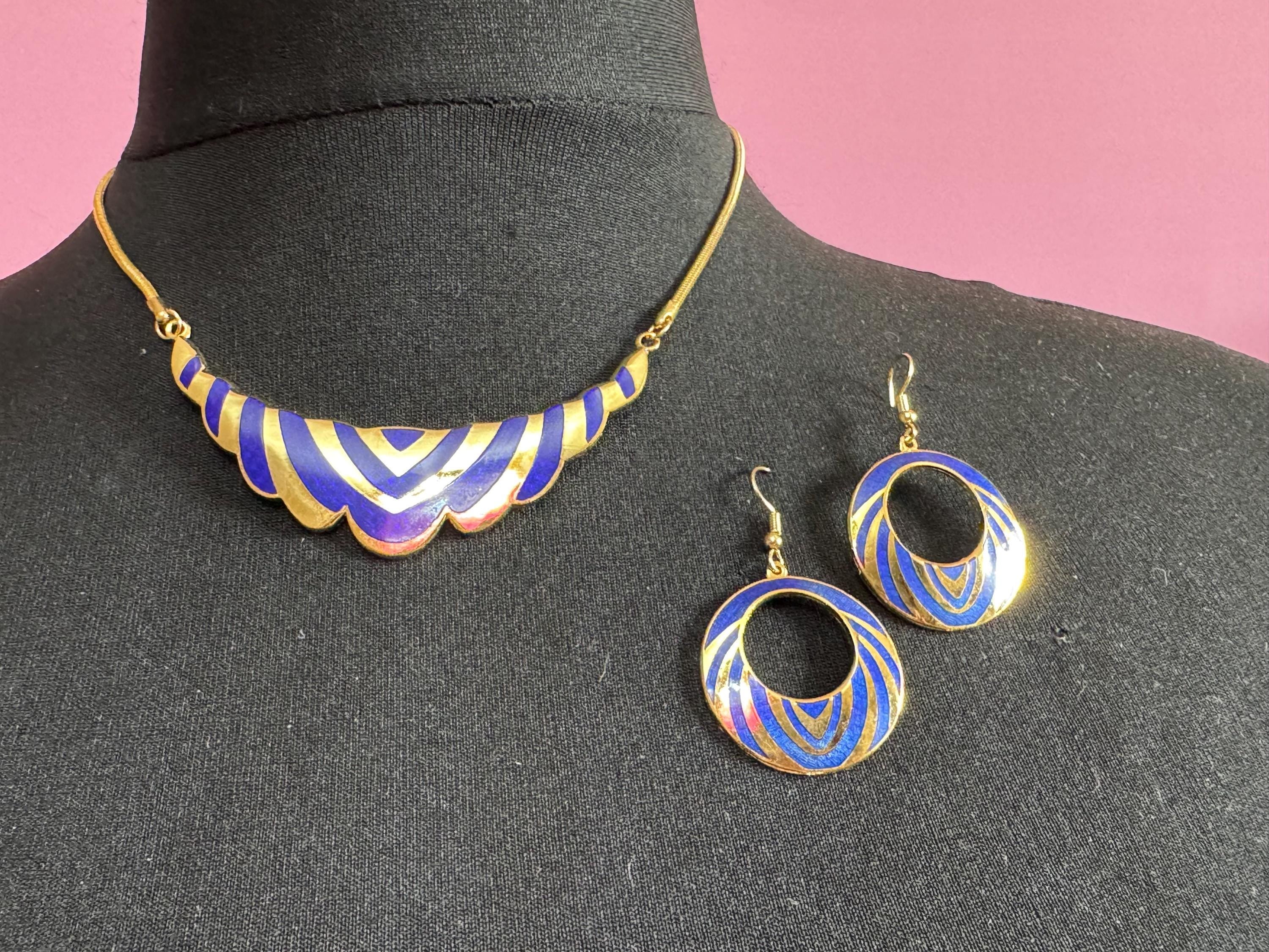vintage 1980s bright blue and gold enamel collar necklace and matching disc earrings, unused retro jewelry set