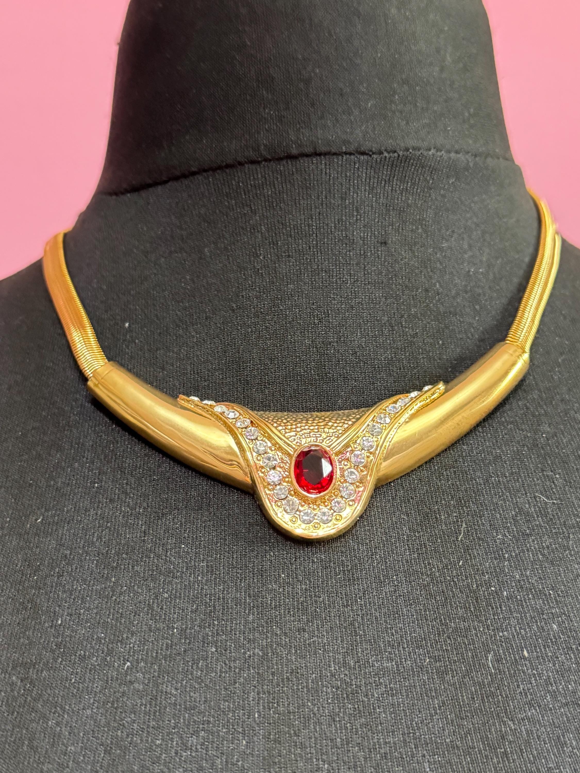 vintage 1980s high end ruby red and clear crystal gold choker necklace and matching clip on earrings, unused retro jewelry set