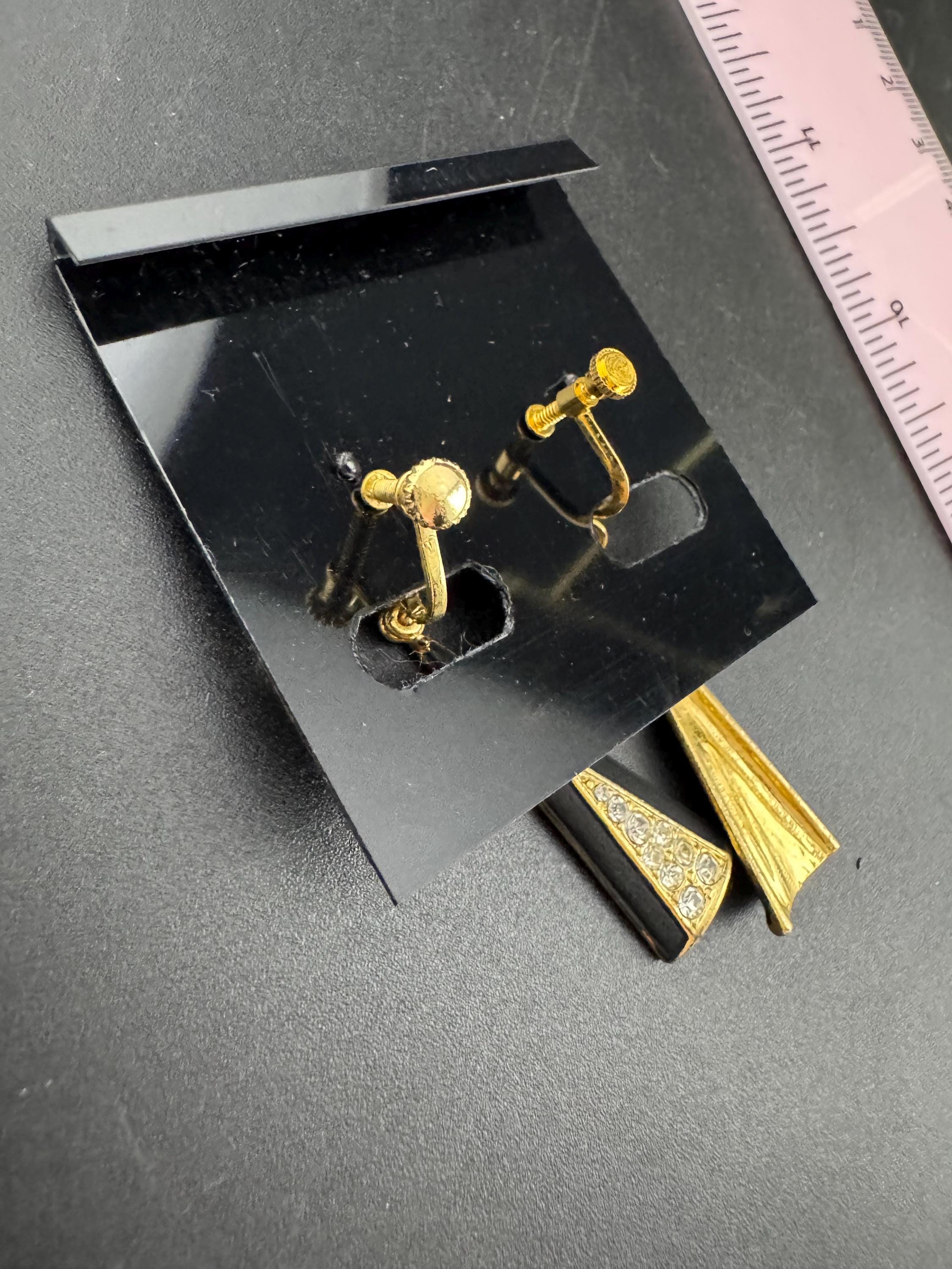 Vintage Matt black enamel diamanté dangly screw back long teardrop clip on earrings 5cm
