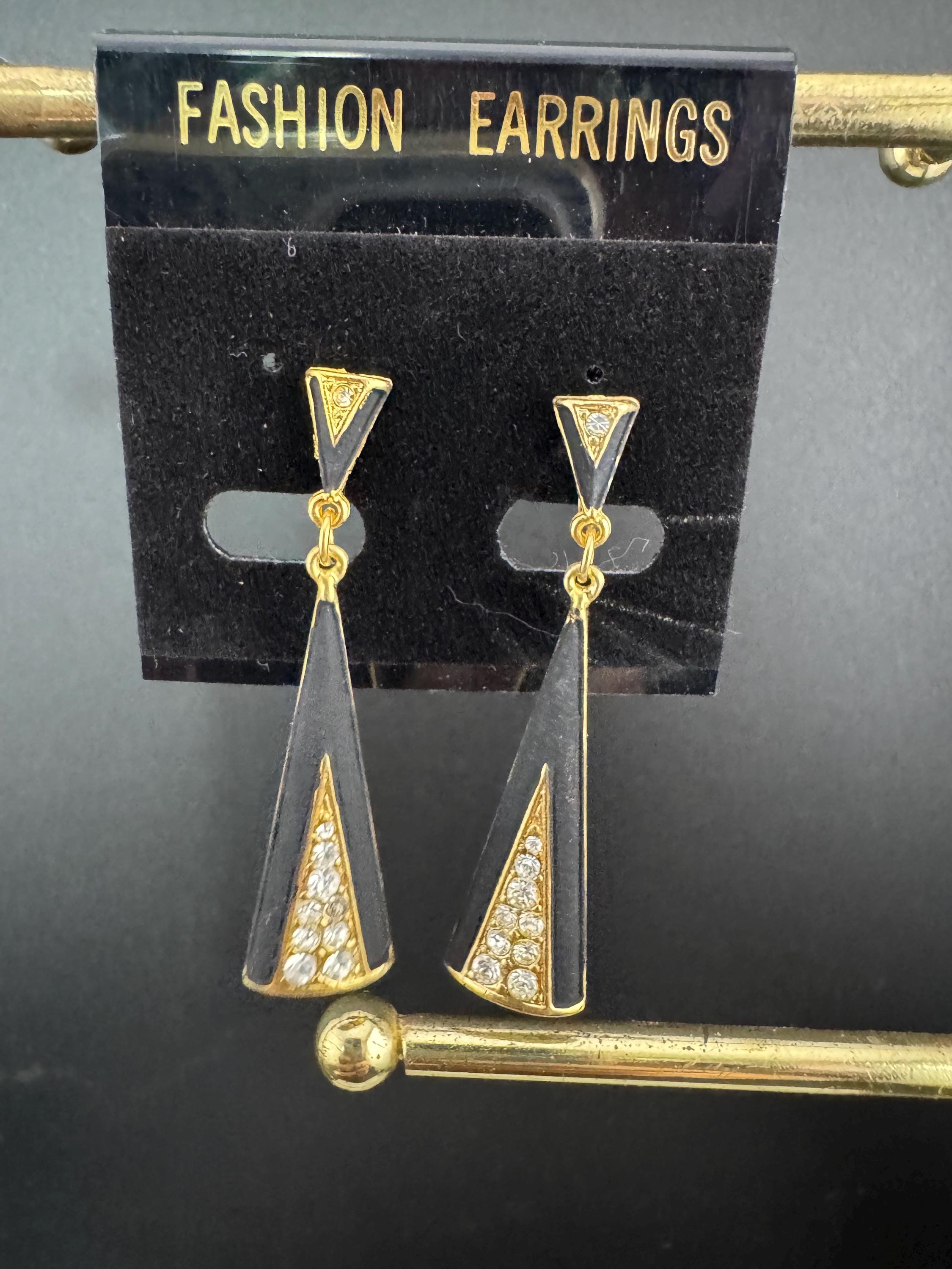 Vintage Matt black enamel diamanté dangly screw back long teardrop clip on earrings 5cm