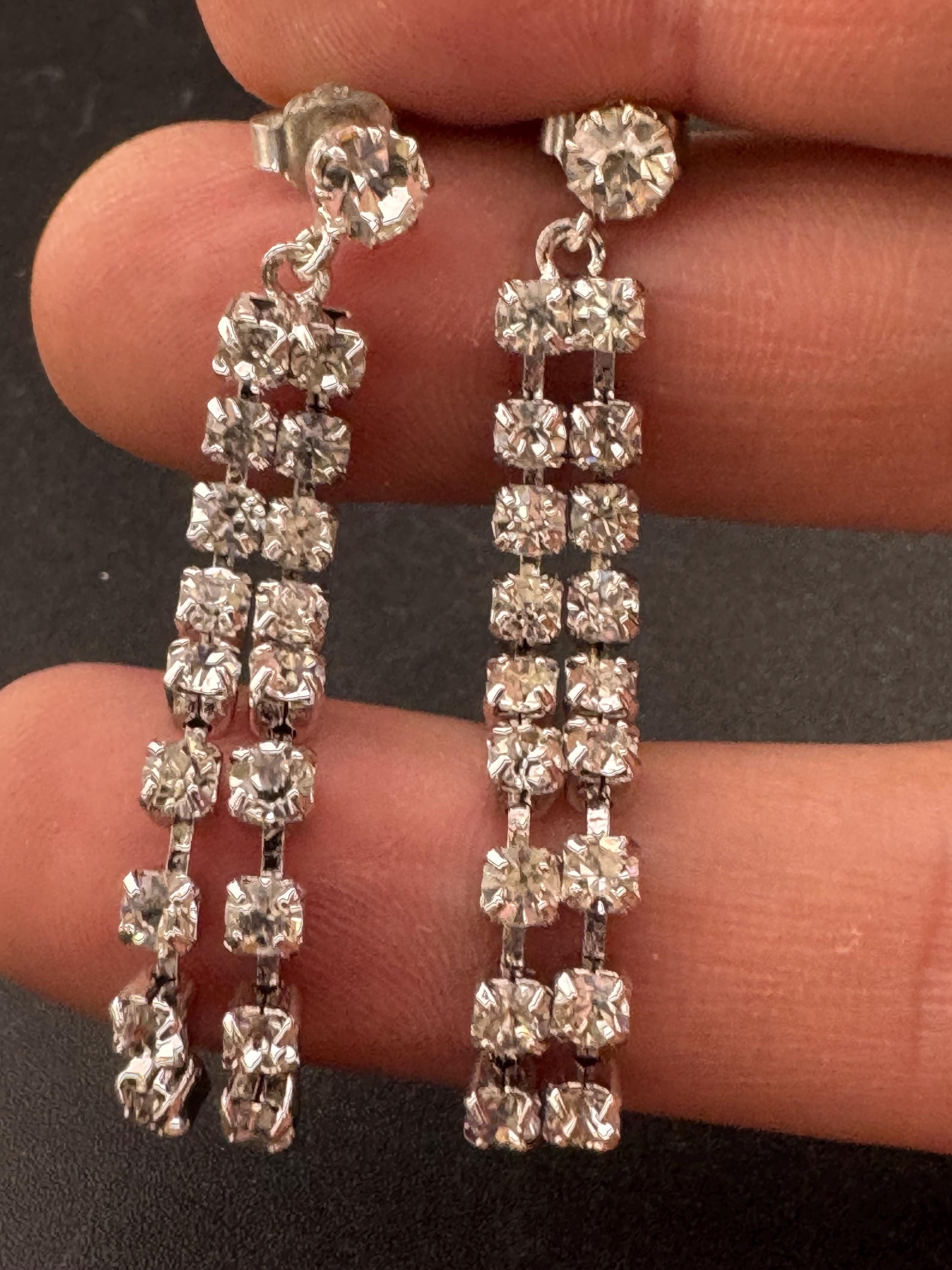 Vintage clear claw set Swarovski crystal rhinestone paste diamanté dangly pierced drop earrings , silver tone