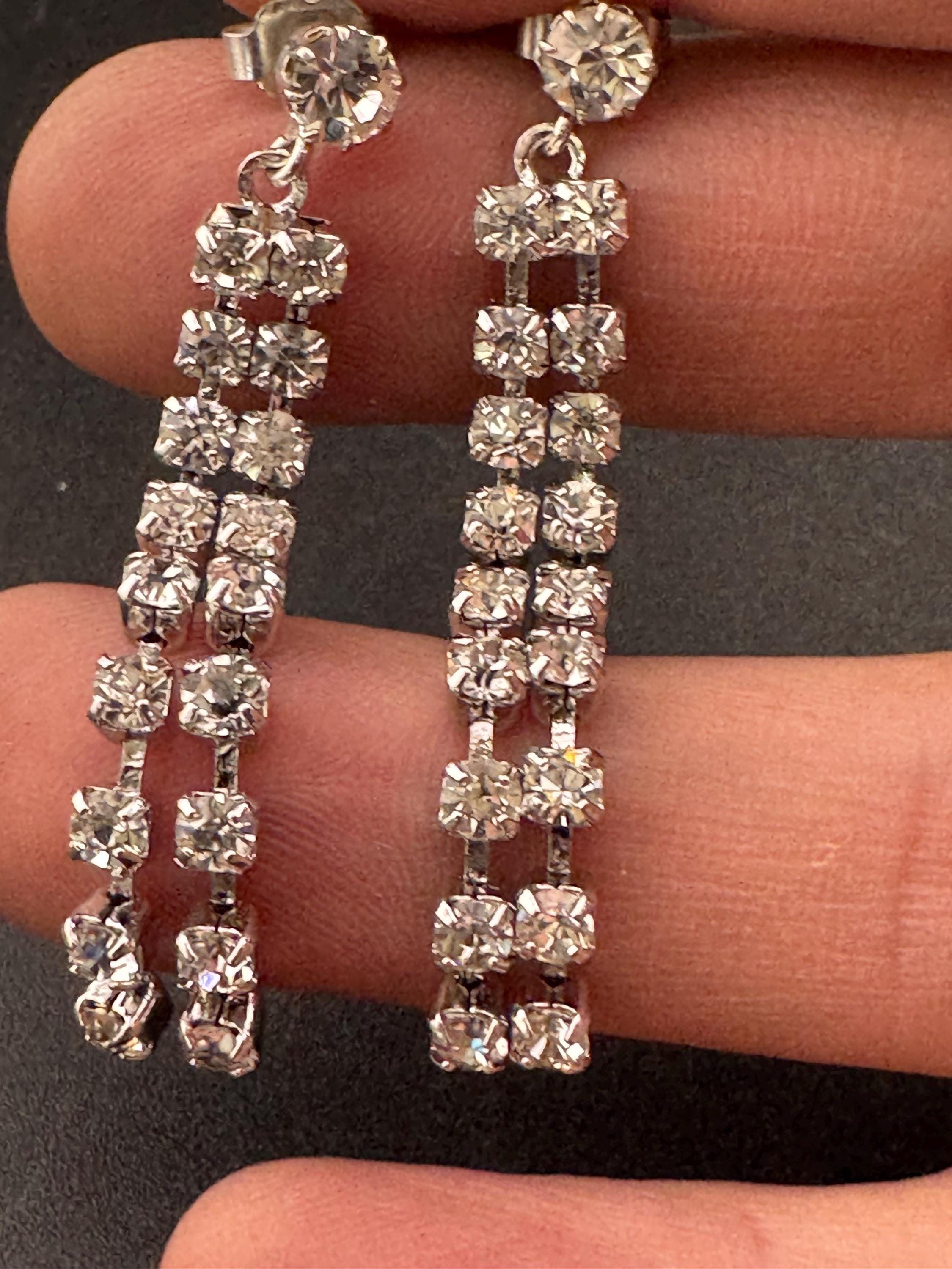 Vintage clear claw set Swarovski crystal rhinestone paste diamanté dangly pierced drop earrings , silver tone