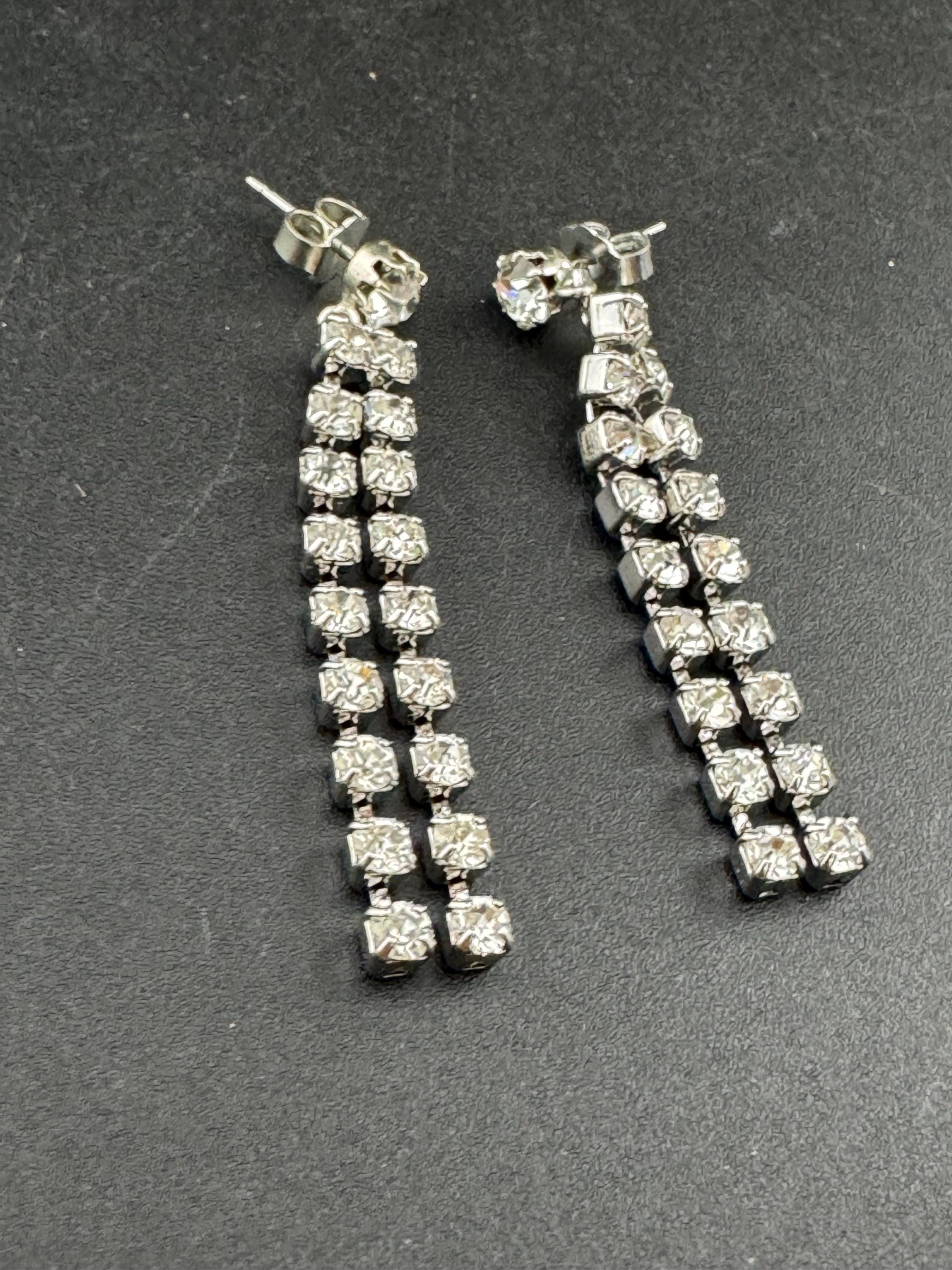 Vintage clear claw set Swarovski crystal rhinestone paste diamanté dangly pierced drop earrings , silver tone