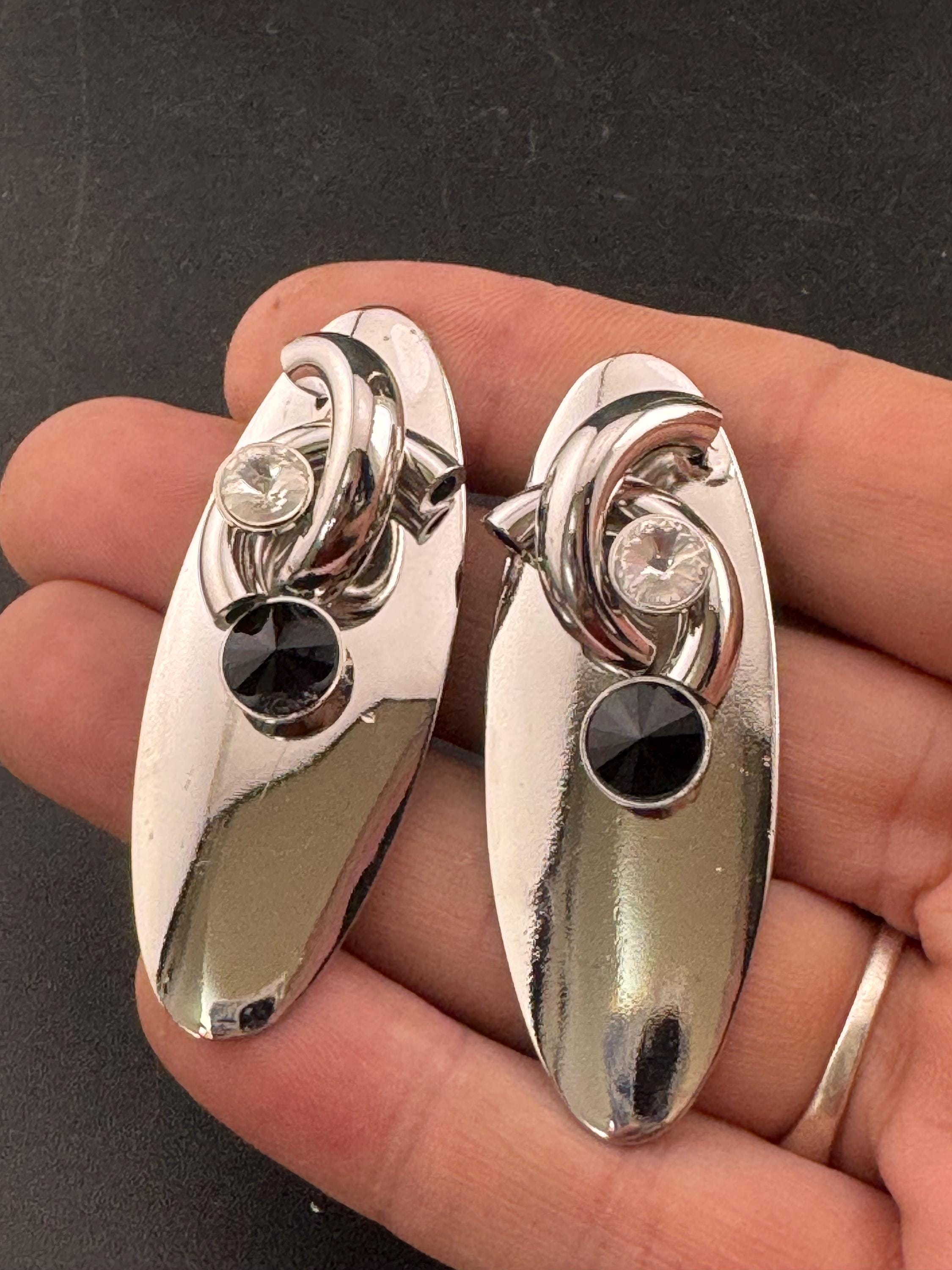 Vintage modernist silver tone high sheen 1980s long drop earrings set with black crystal and metal tube work for pierced ears