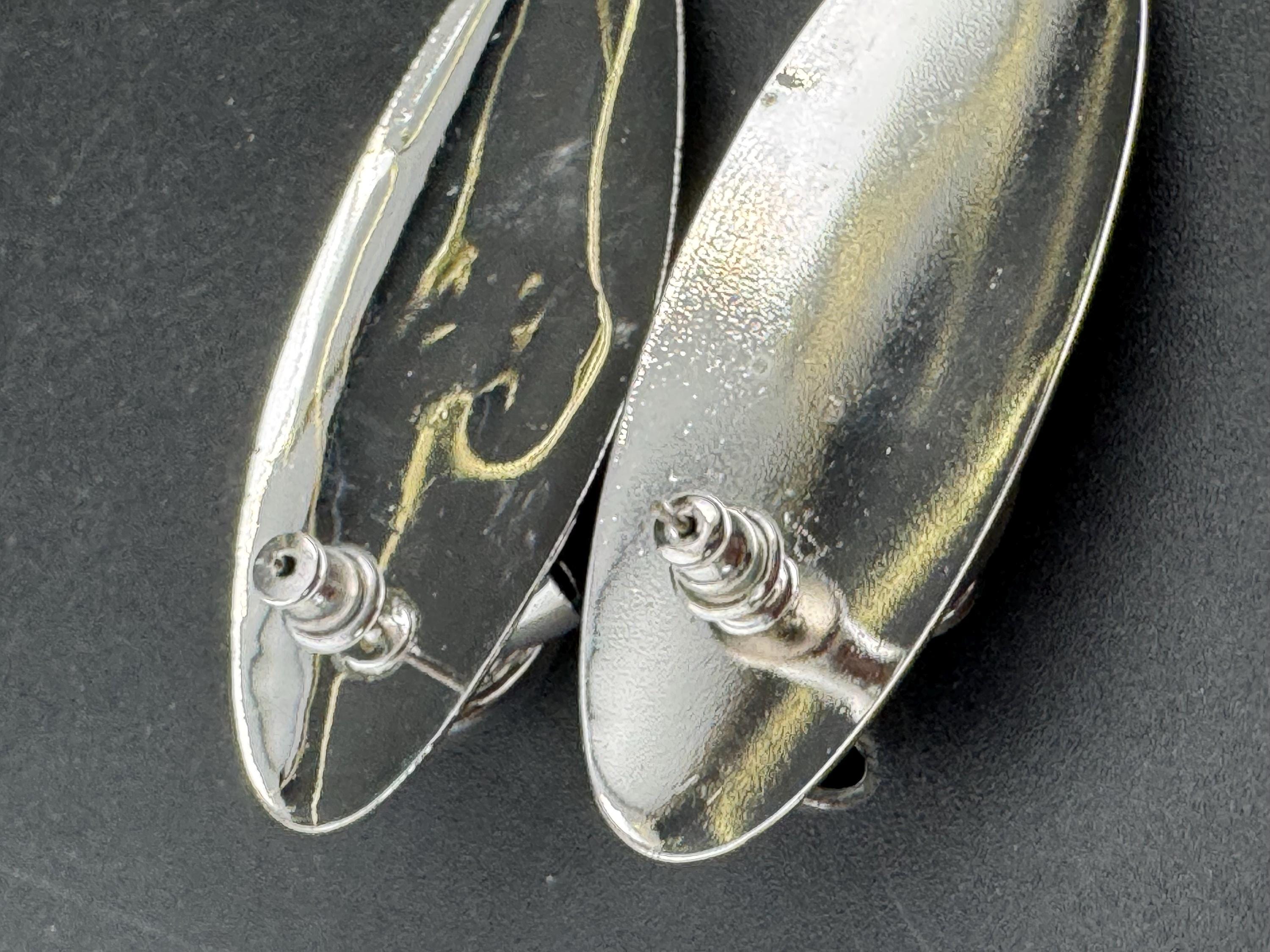 Vintage modernist silver tone high sheen 1980s long drop earrings set with black crystal and metal tube work for pierced ears