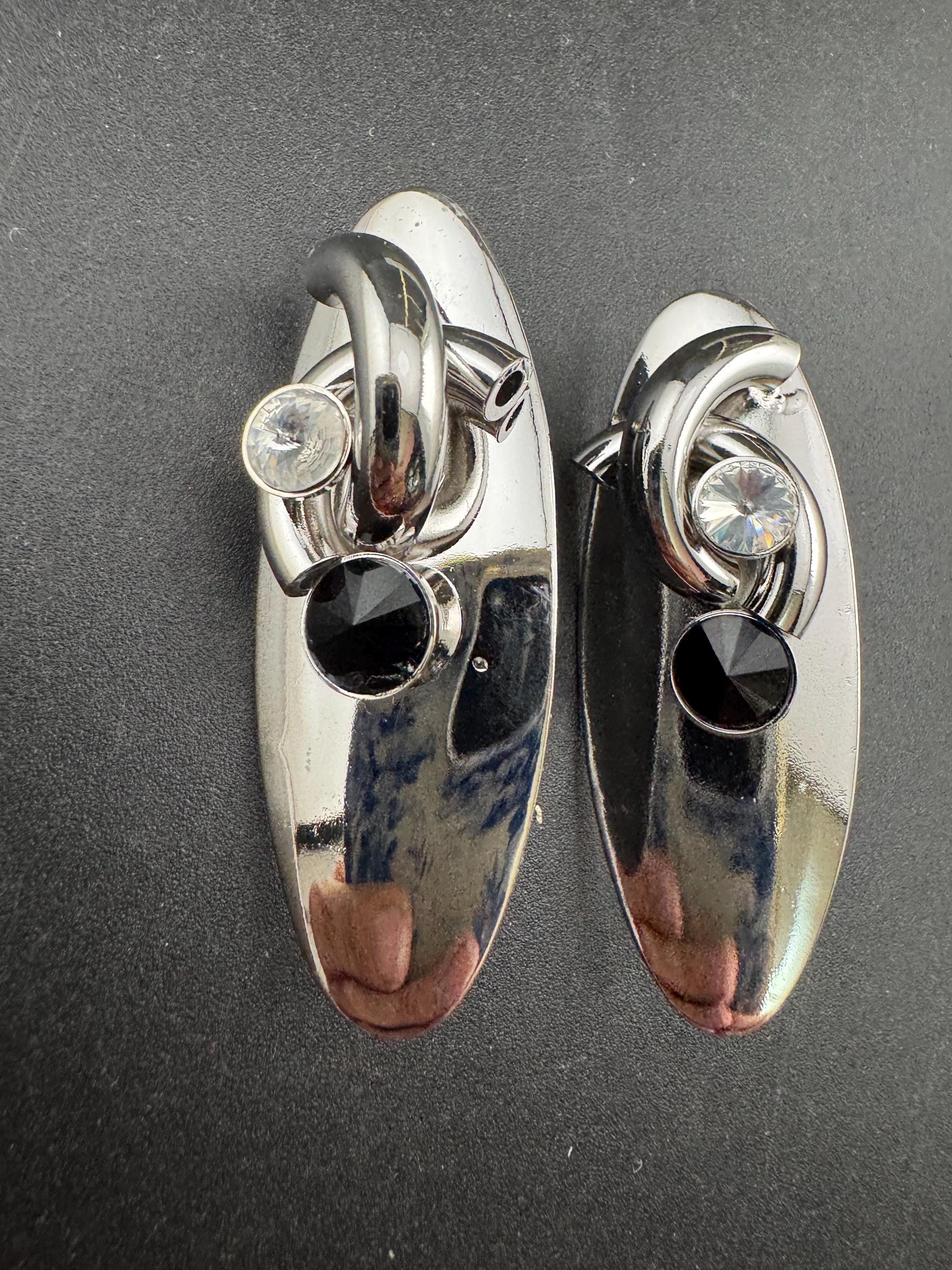 Vintage modernist silver tone high sheen 1980s long drop earrings set with black crystal and metal tube work for pierced ears