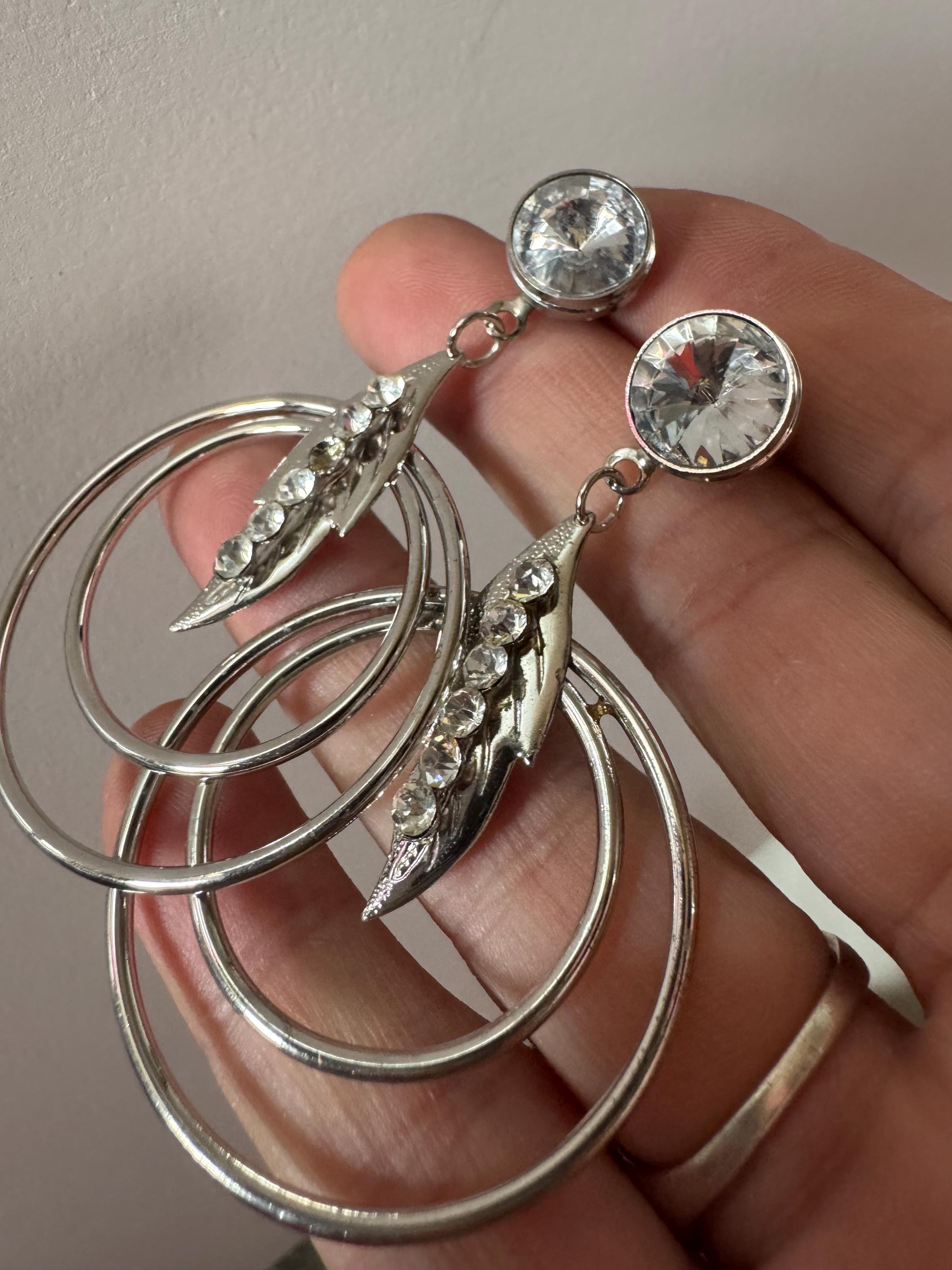 Vintage modernist silver tone 1980s big hoop drop earrings set with clear crystal and metal rings for pierced ears