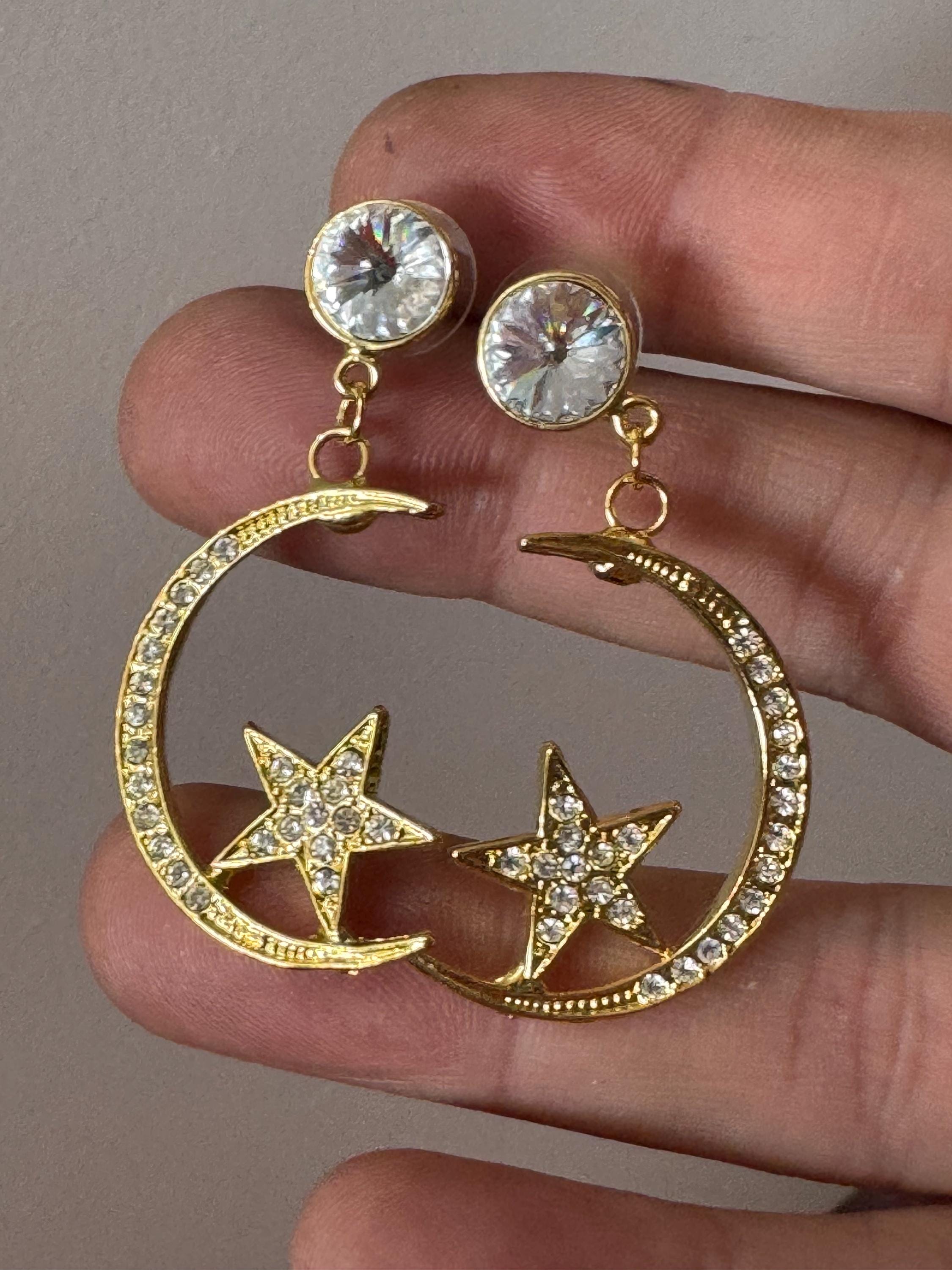 Retro 1980s celestial stars and crescent moon diamanté gold tone pierced earrings new old shop stock