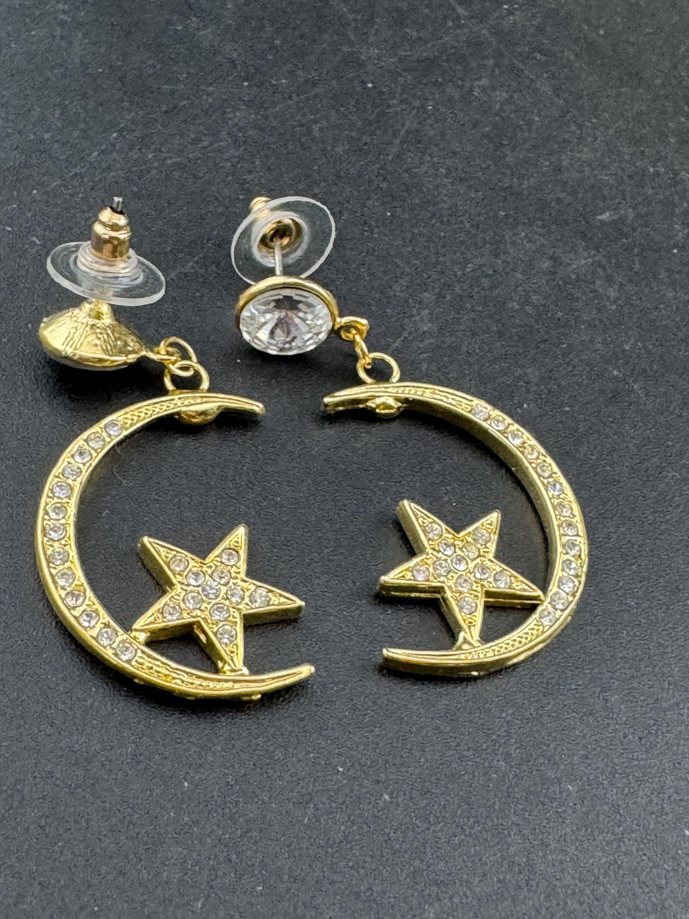 Retro 1980s celestial stars and crescent moon diamanté gold tone pierced earrings new old shop stock