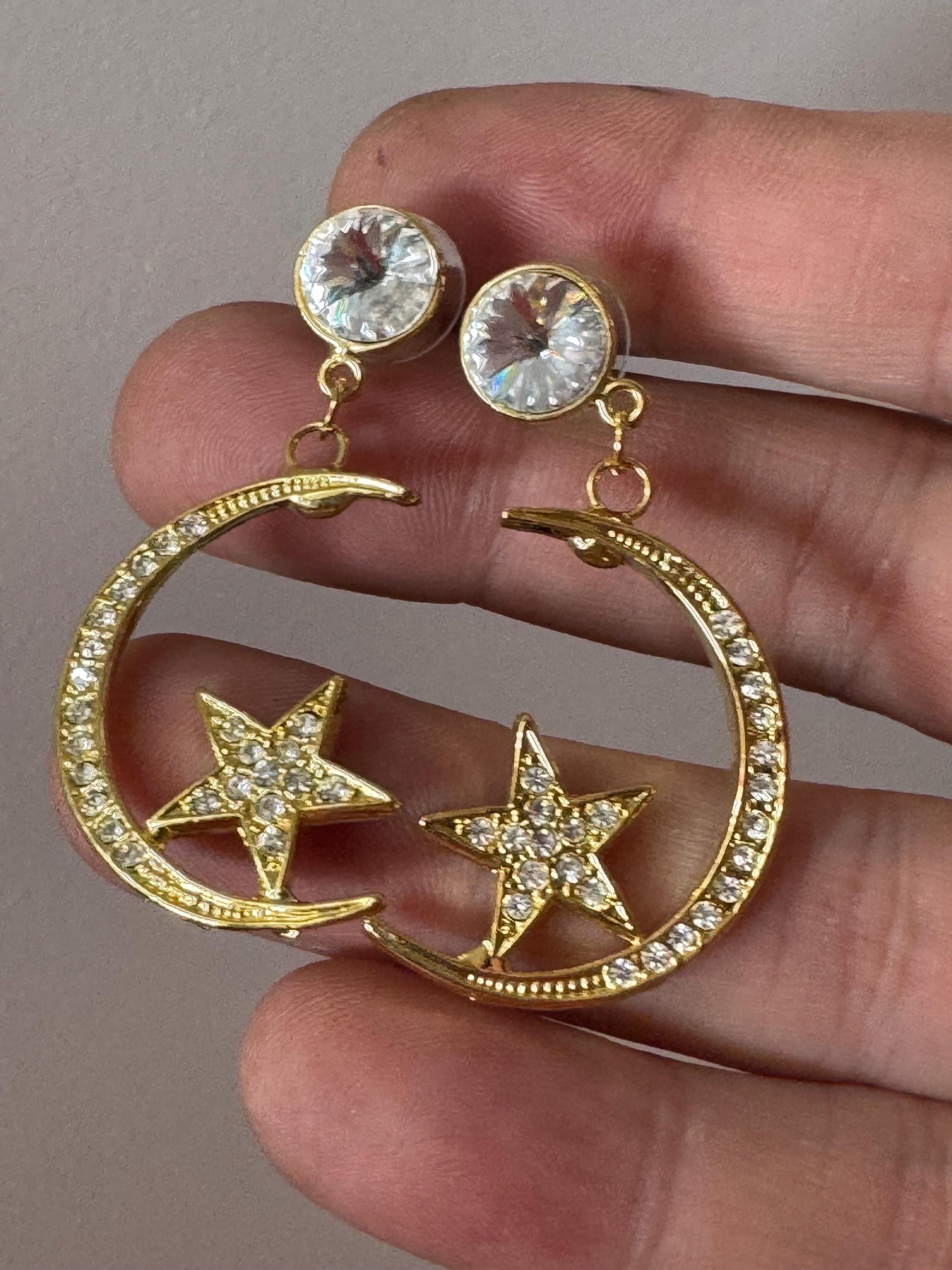 Retro 1980s celestial stars and crescent moon diamanté gold tone pierced earrings new old shop stock