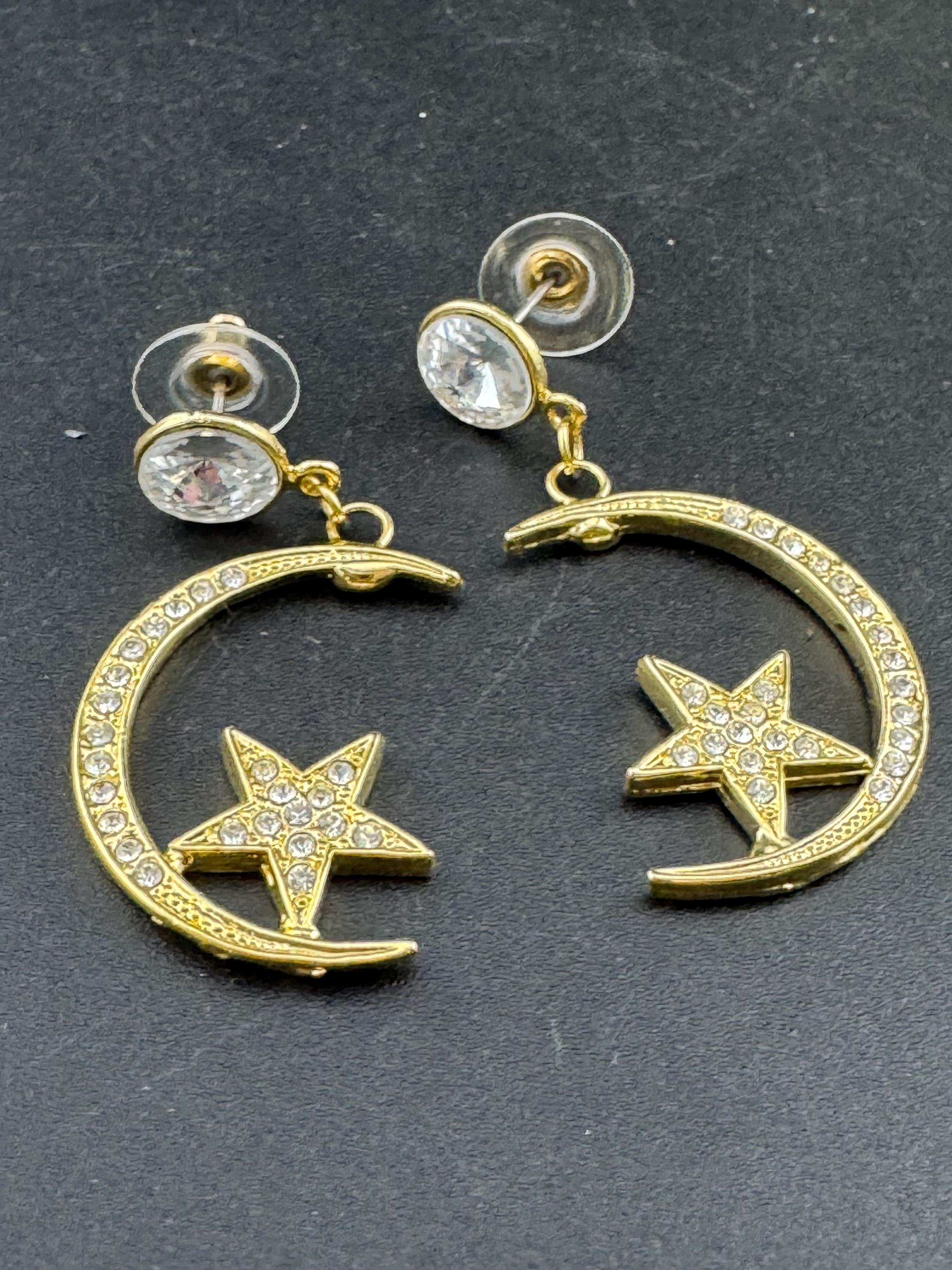 Retro 1980s celestial stars and crescent moon diamanté gold tone pierced earrings new old shop stock