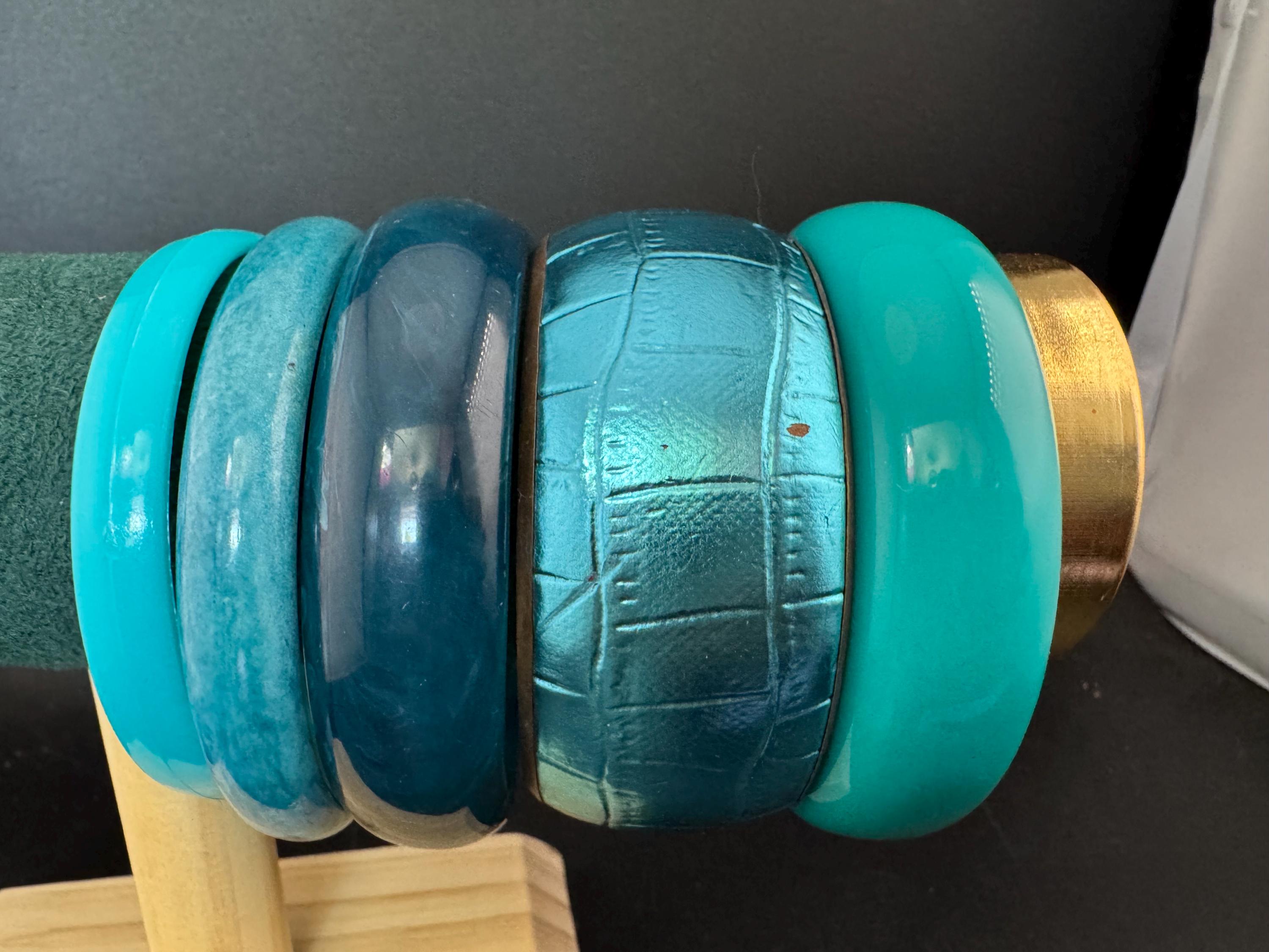 A curated set of BLUE vintage retro stack of plastic metal bangles bracelets
