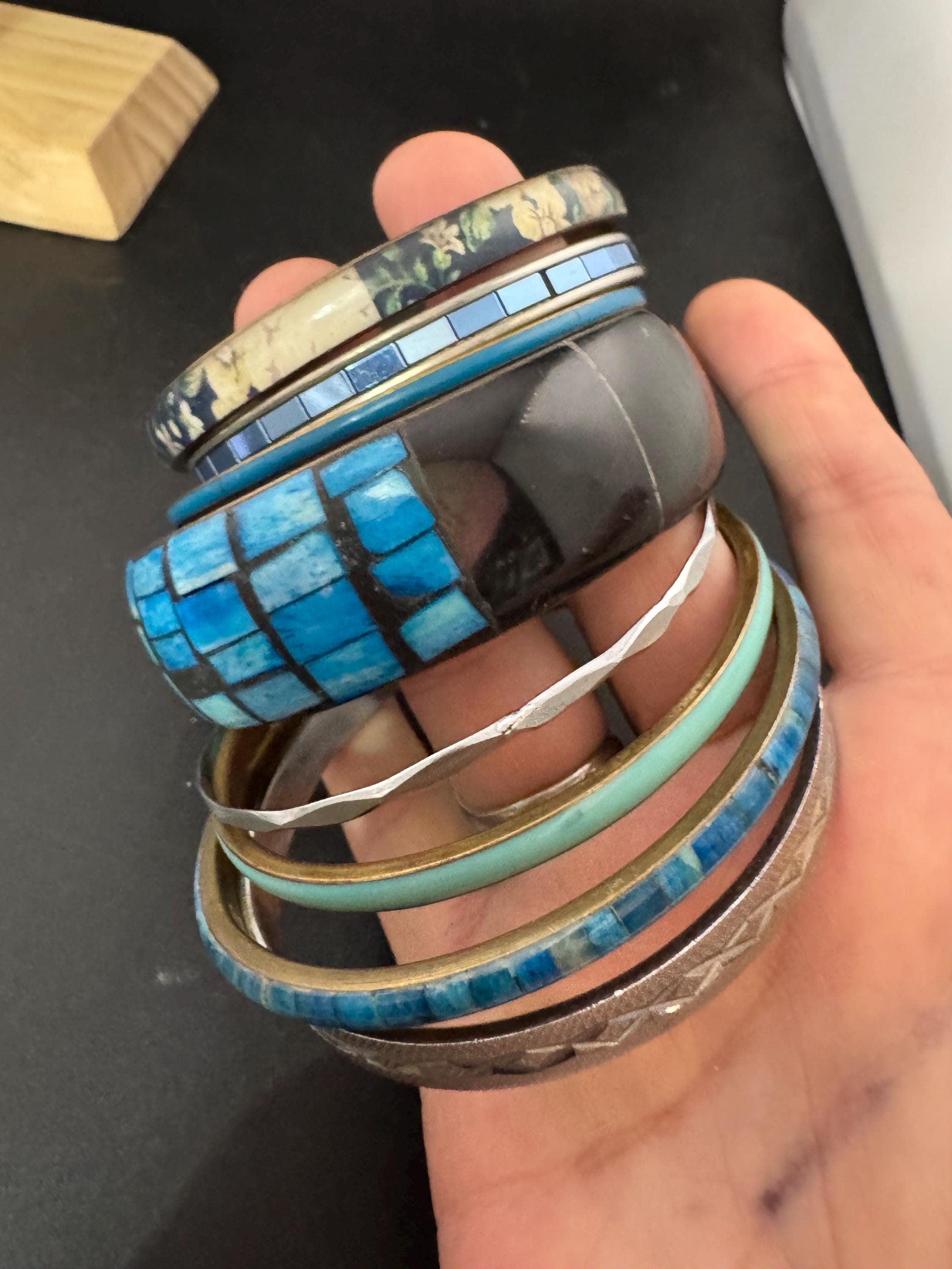 A curated set of BLUE vintage retro stack of plastic metal bangles bracelets