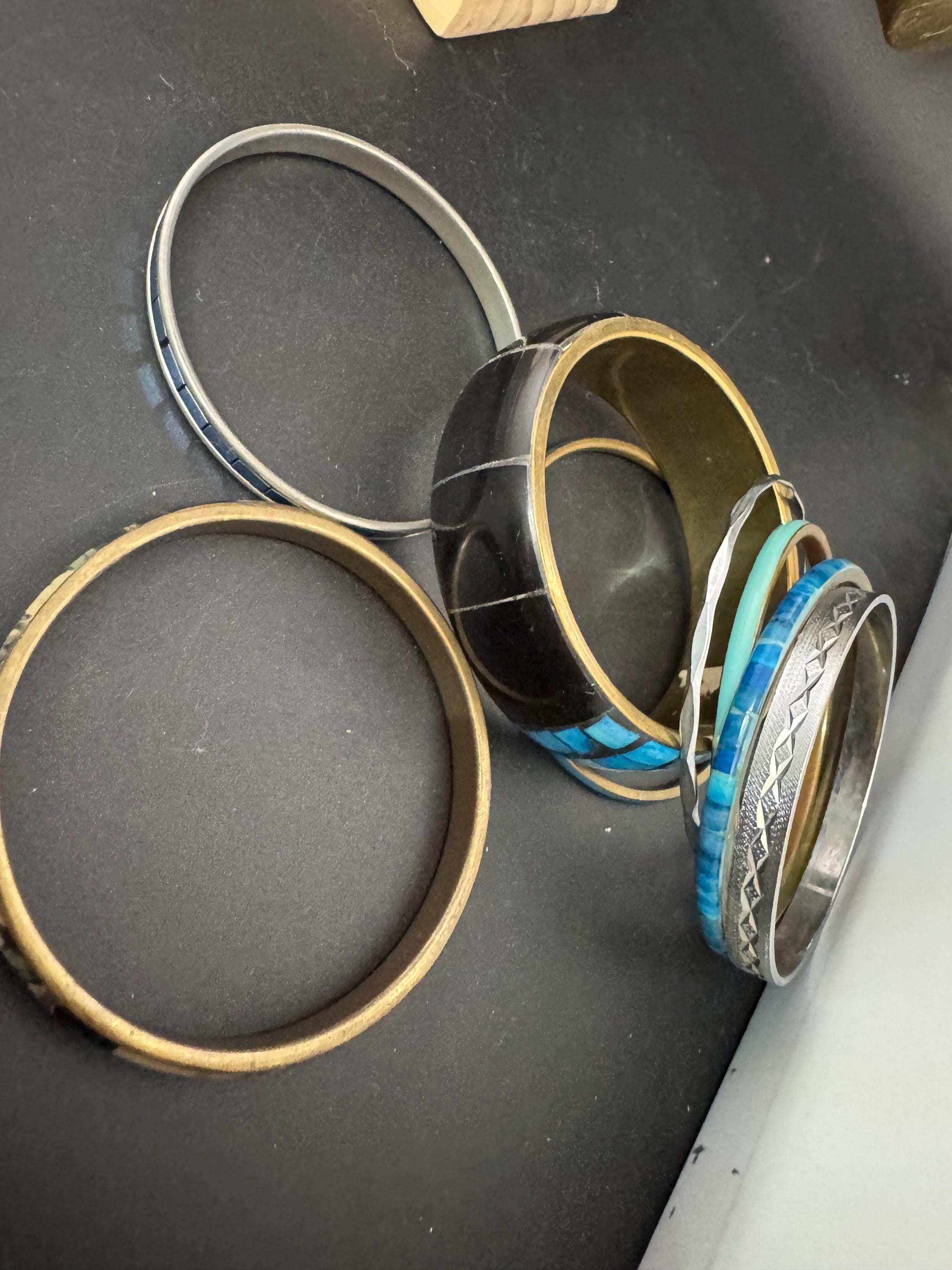 A curated set of BLUE vintage retro stack of plastic metal bangles bracelets