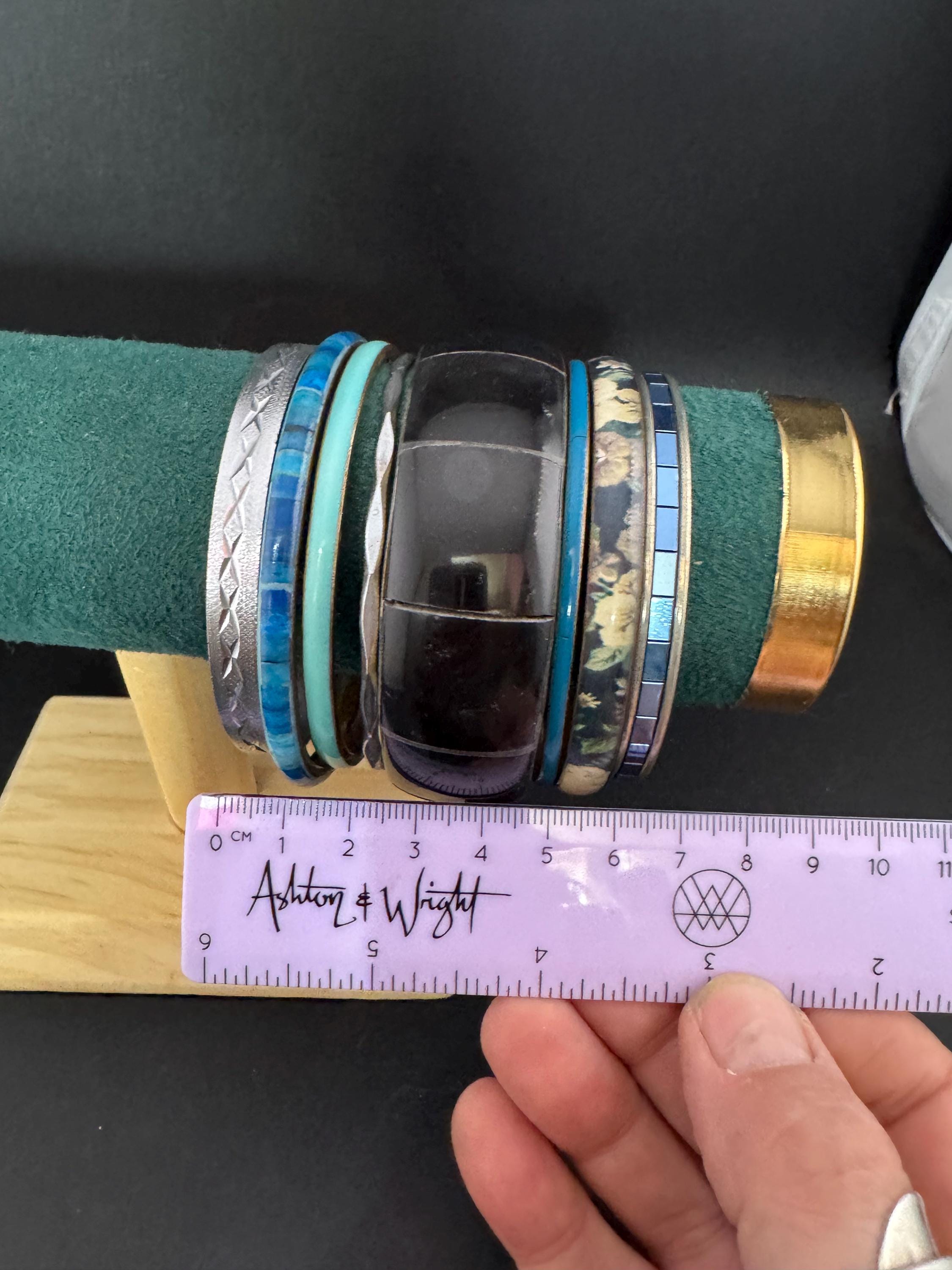 A curated set of BLUE vintage retro stack of plastic metal bangles bracelets