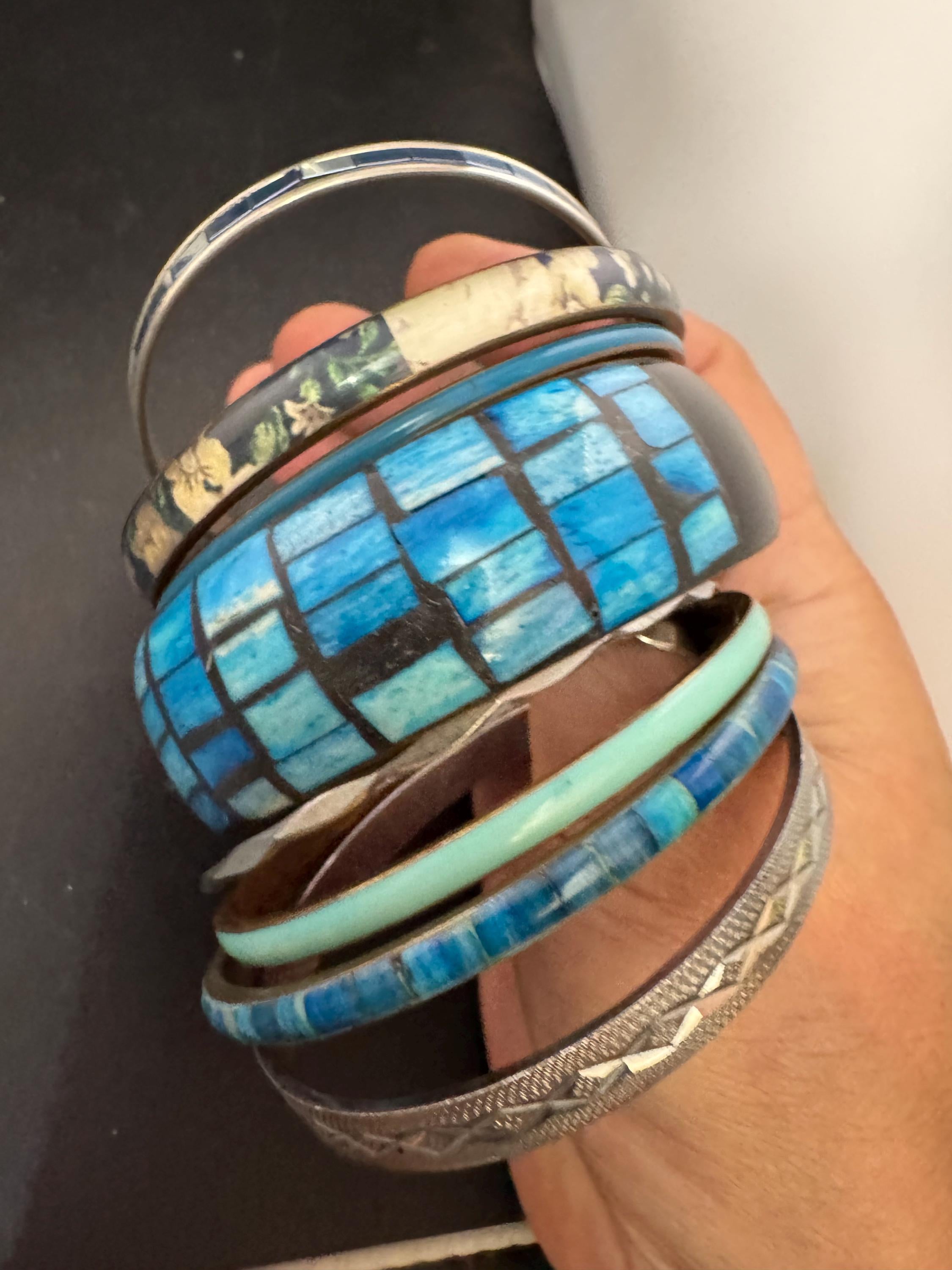A curated set of BLUE vintage retro stack of plastic metal bangles bracelets