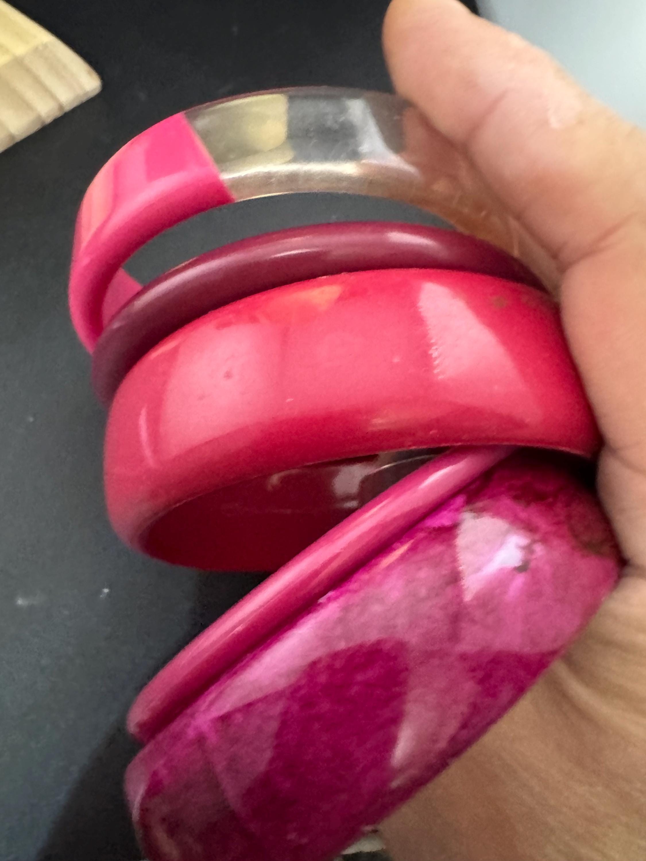 Vintage stack of pink purple plastic bangles retro acrylic bracelets