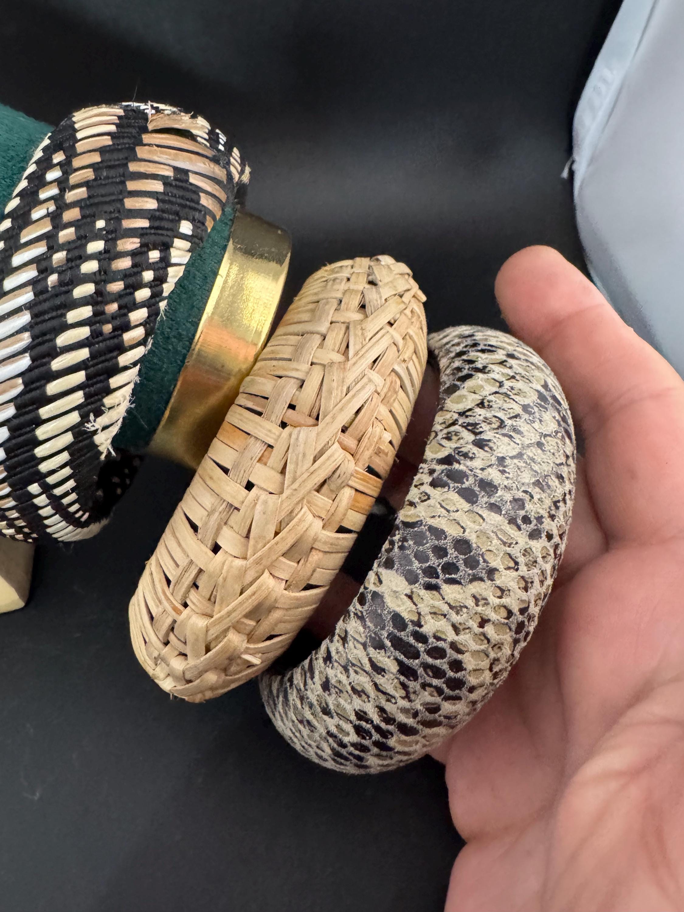 Curated stack of vintage wooden plastic and metal stacking bangles in brown natural shades ethnic tribal boho festival bracelets