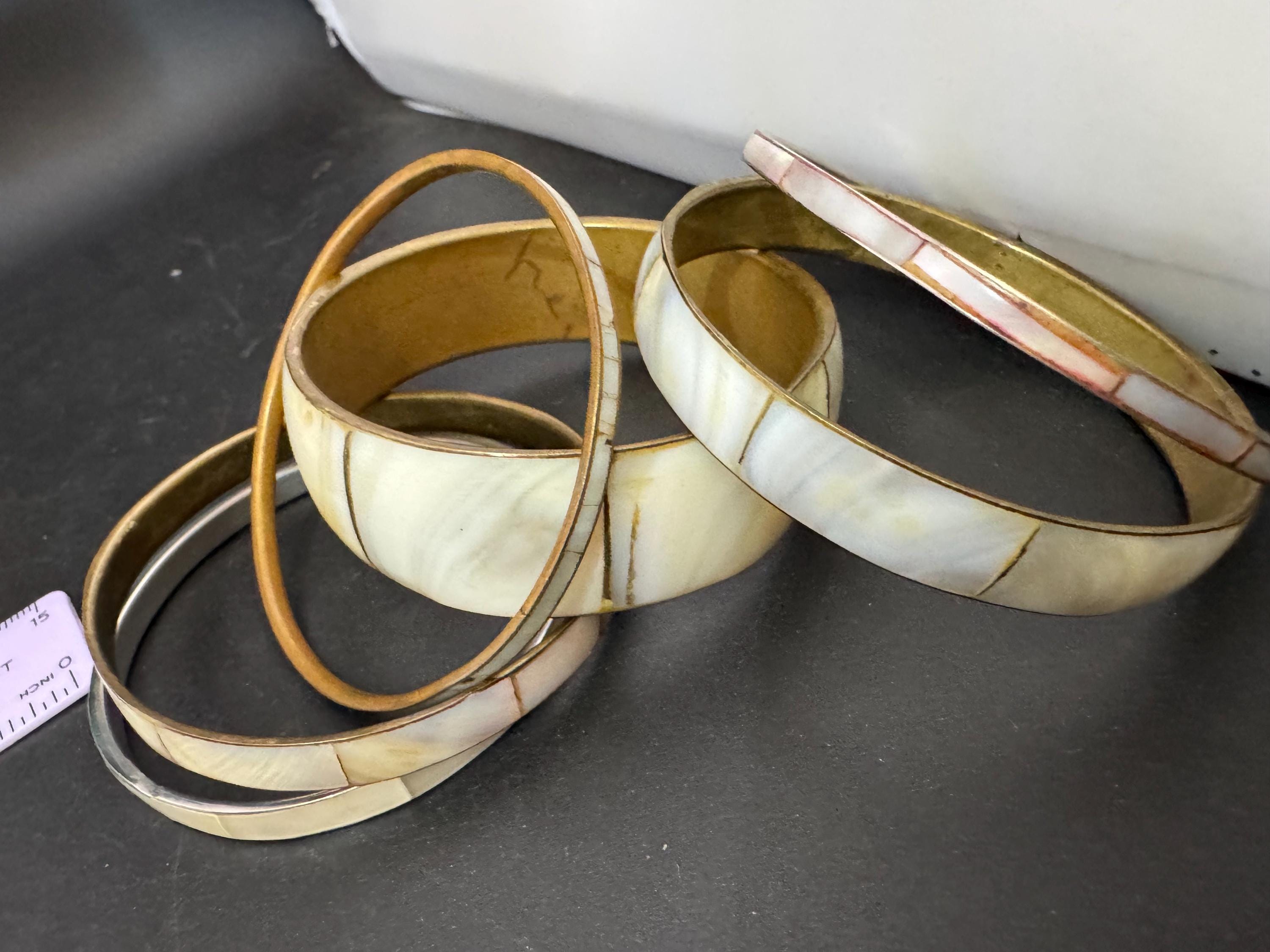 Vintage Bangle Stack: Shell, Brass, Enamel, Gold - Set of 6