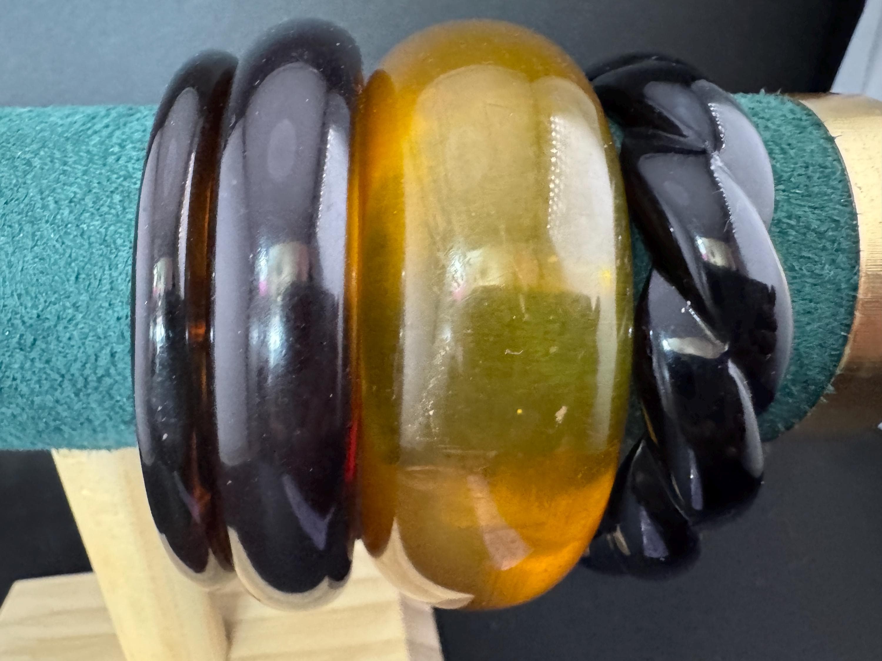 A curated stack of Faux tortoiseshell brown back Perspex plastic wide cuff bangle bracelets ideal stacking layering Vintage