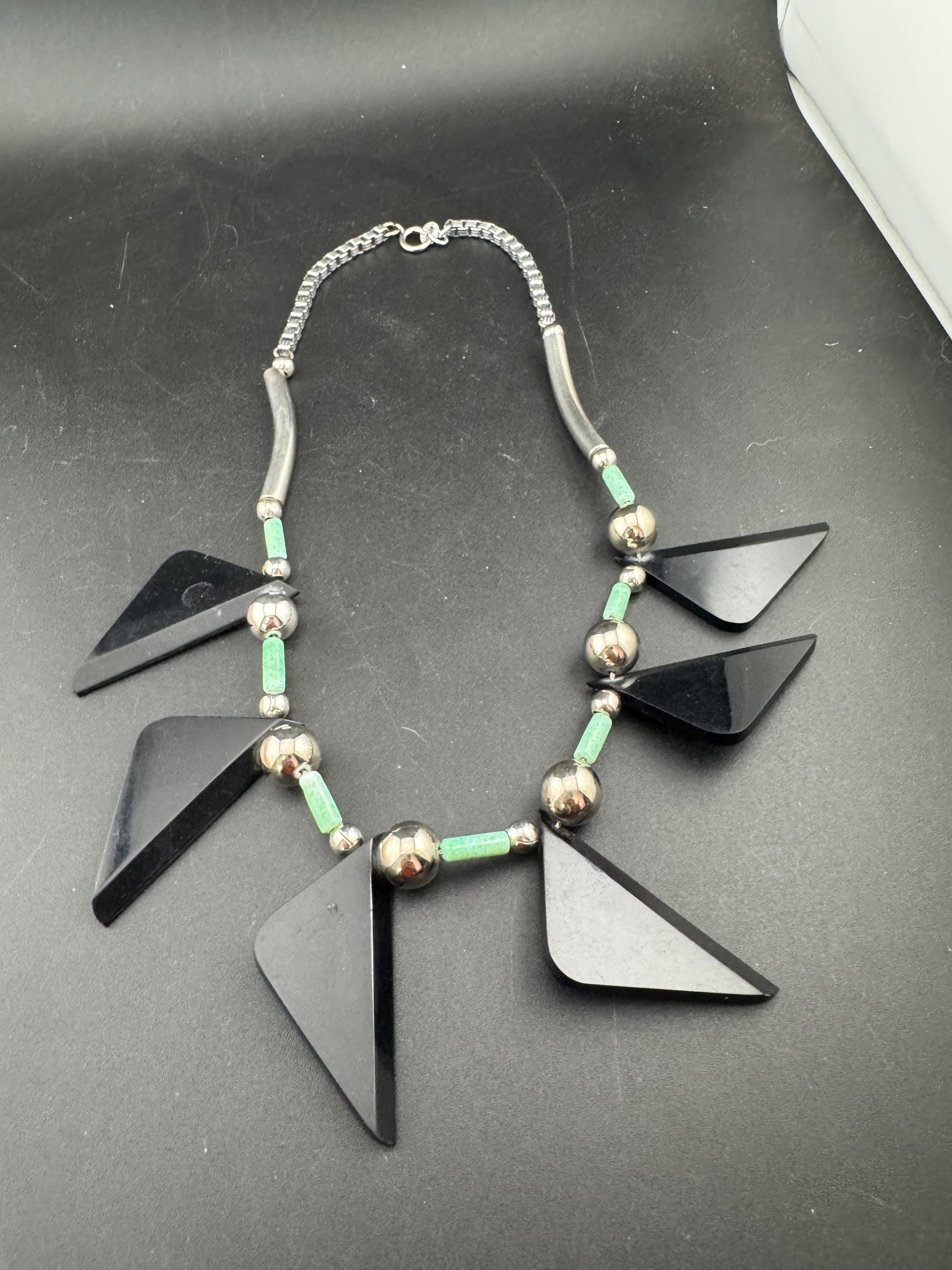 Art deco Jakob Bengel modernist Chrome silver tone metal 1920s black and Green galalith plastic triangular beaded geometric bead necklace