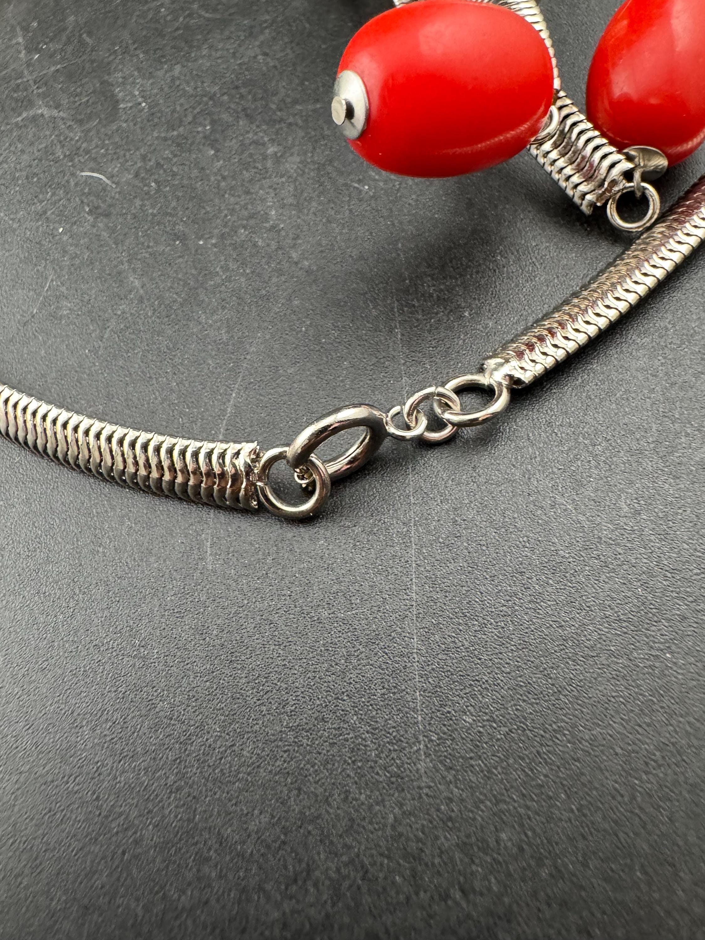 Art deco Jakob Bengel modernist Chrome silver tone metal 1920s bright red galalith oval beaded snake chain necklace 47cm