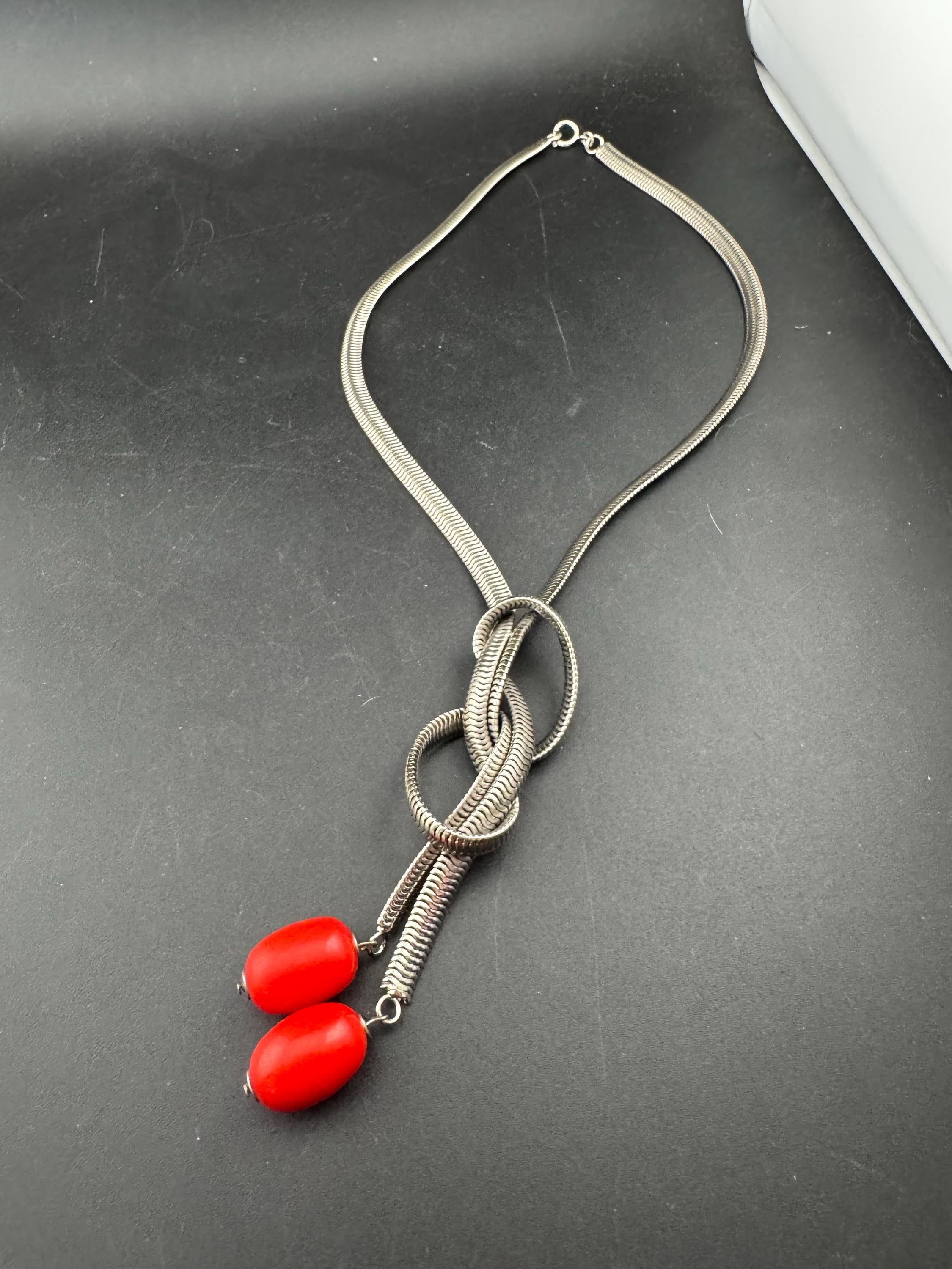 Art deco Jakob Bengel modernist Chrome silver tone metal 1920s bright red galalith oval beaded snake chain necklace 47cm