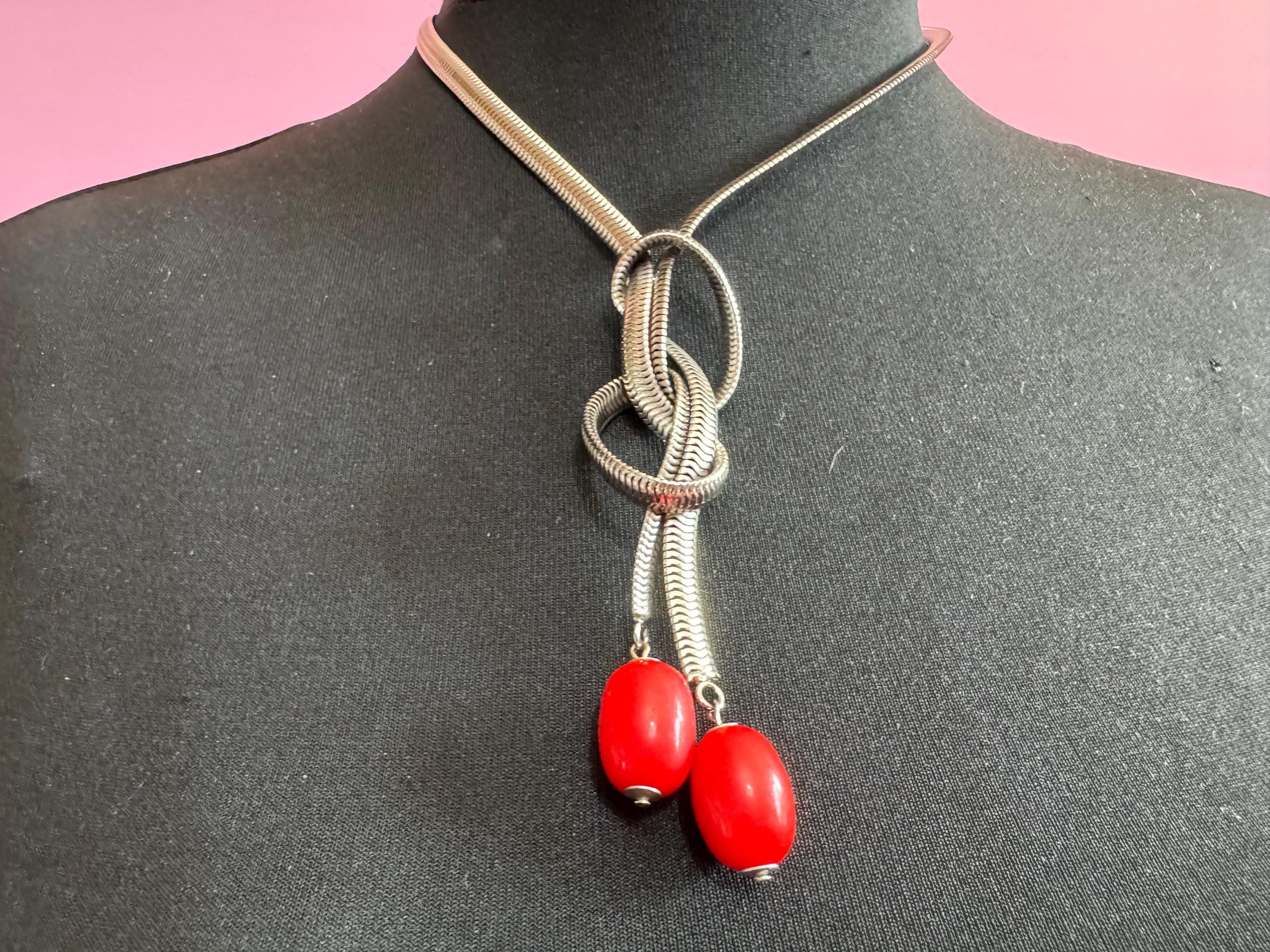 Art deco Jakob Bengel modernist Chrome silver tone metal 1920s bright red galalith oval beaded snake chain necklace 47cm