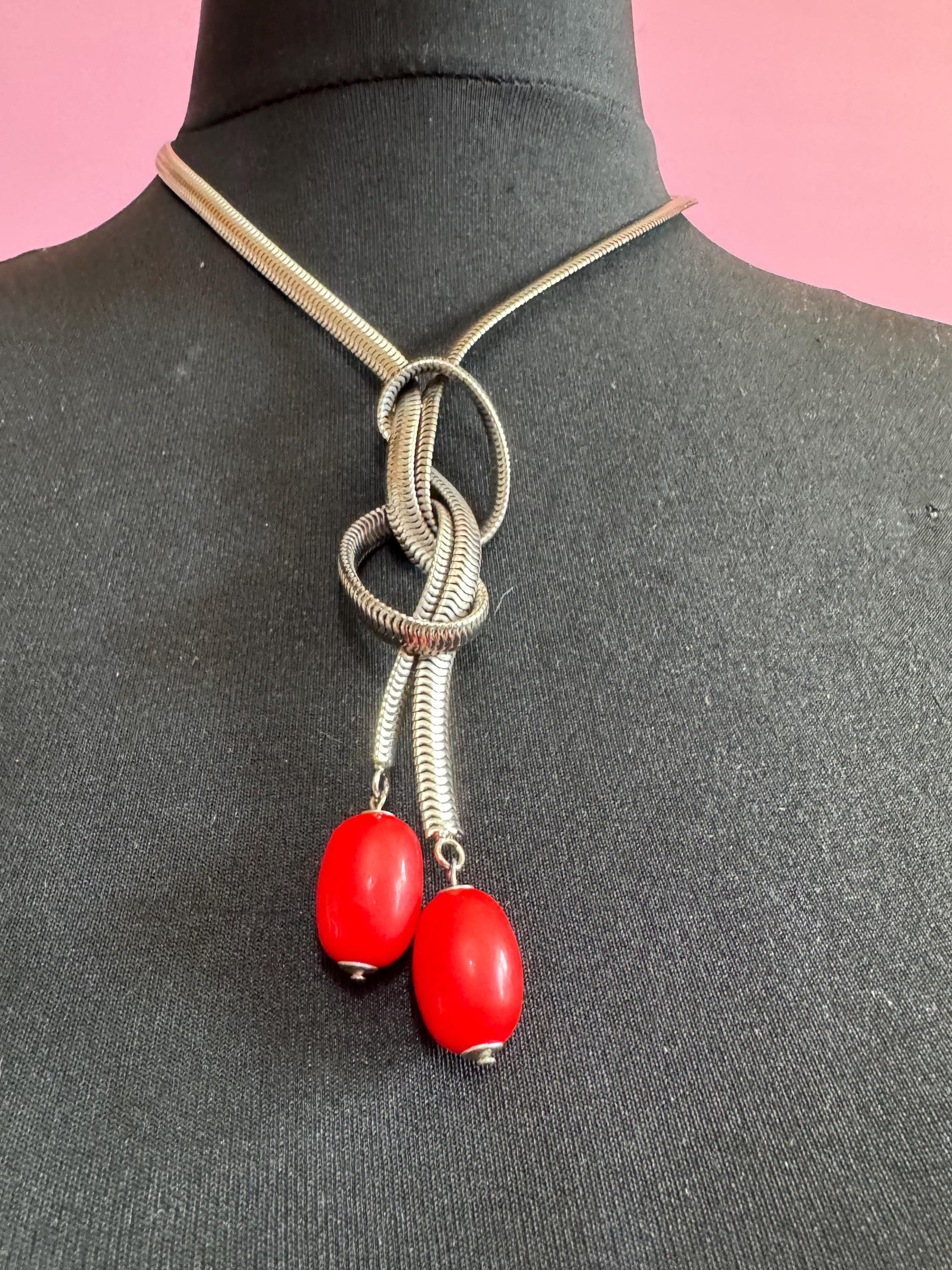 Art deco Jakob Bengel modernist Chrome silver tone metal 1920s bright red galalith oval beaded snake chain necklace 47cm