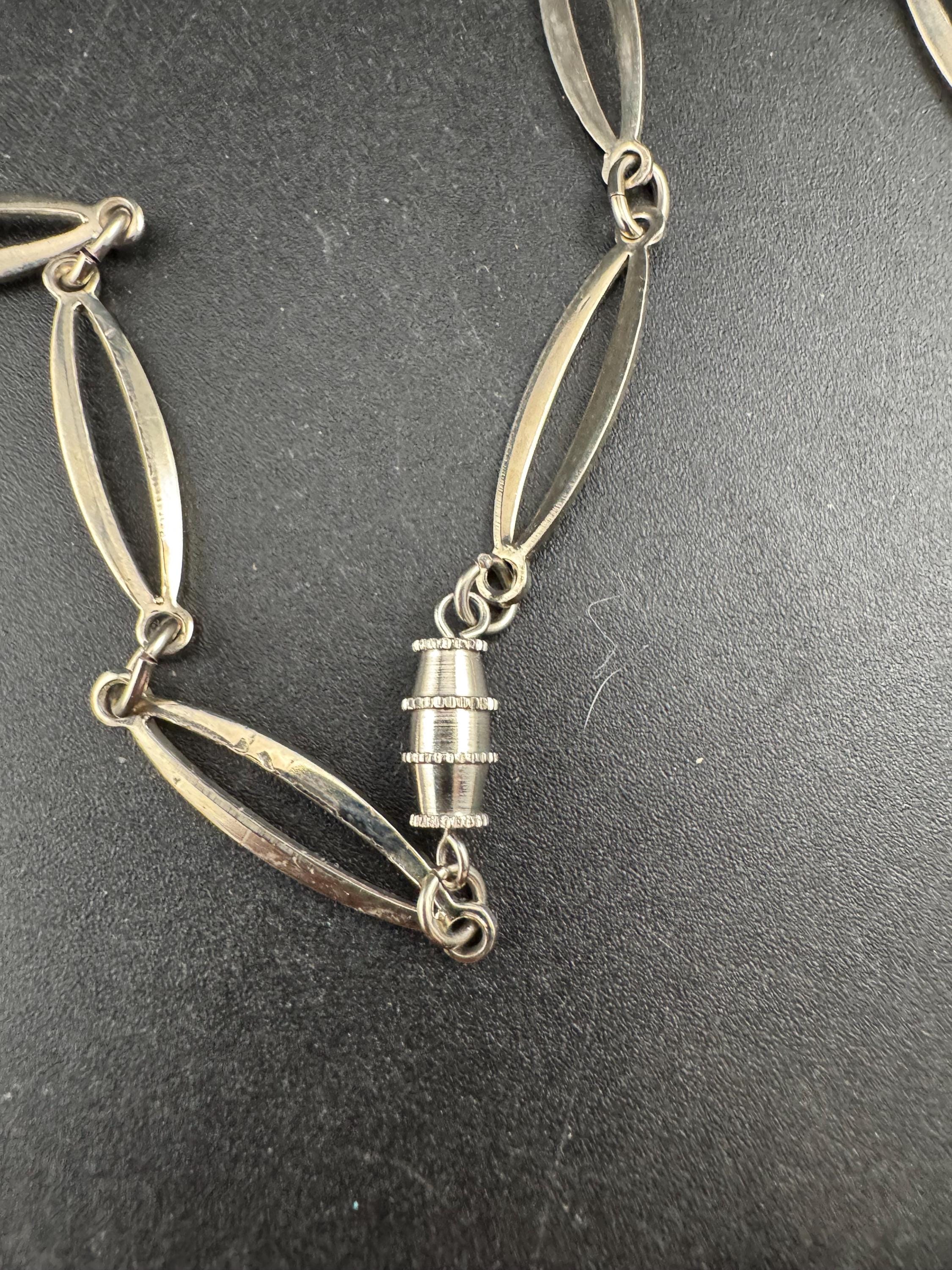 Art deco Jakob Bengel modernist Chrome silver tone metal 1920s brown and yellow galalith plastic semicircle beaded geometric bead necklace