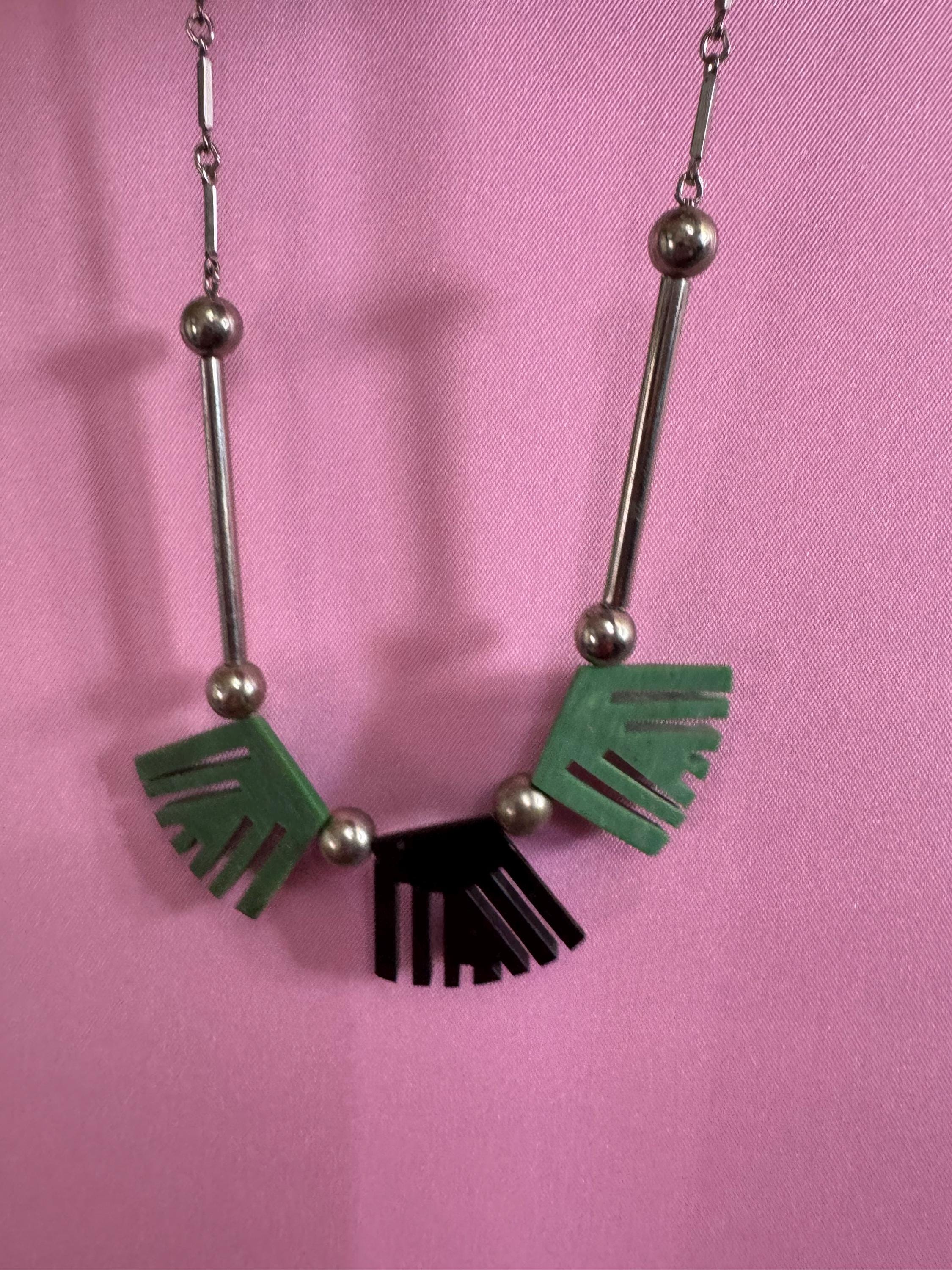 Art deco Jakob Bengel modernist Chrome silver tone metal 1920s black and Green galalith plastic fringed geometric bead necklace