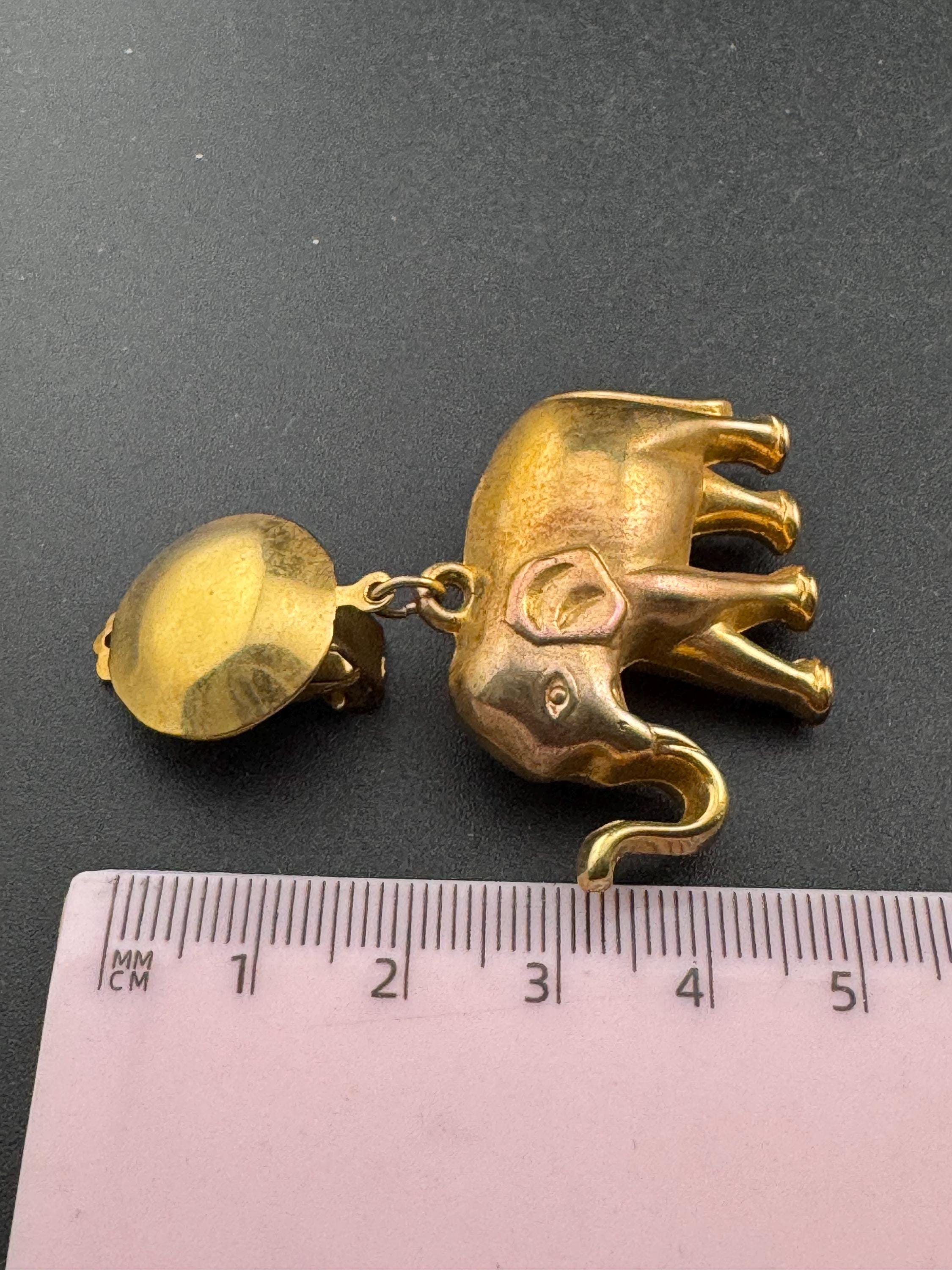 Vintage designer style oversized dangly elephant drop clip on earrings gold tone