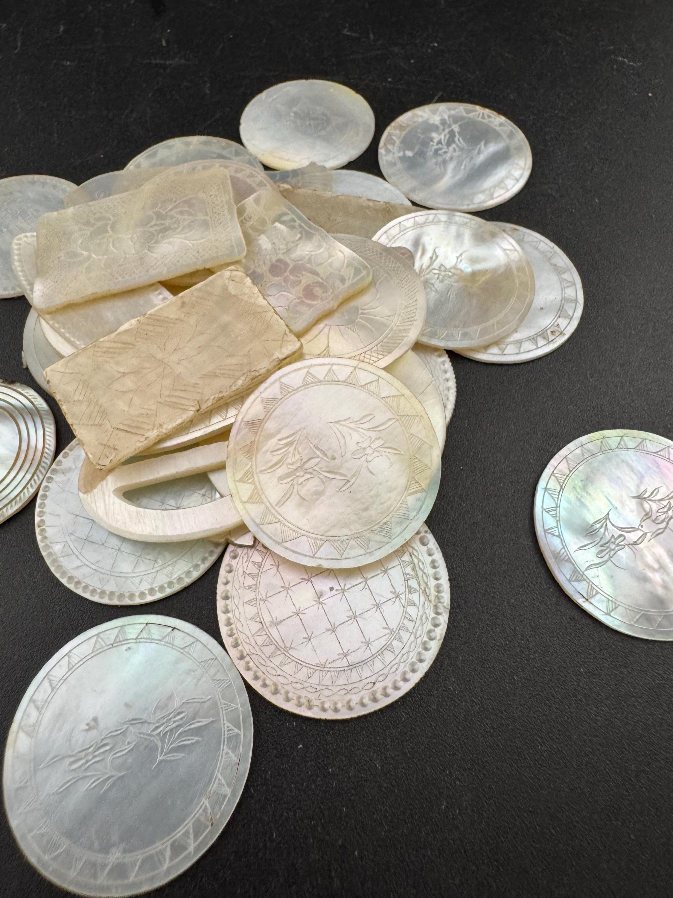 Job lot of 28 antique mother of pearl Chinese mixed gaming counters circa 17-1800s ideal for jewellery upcycle project restoration projects