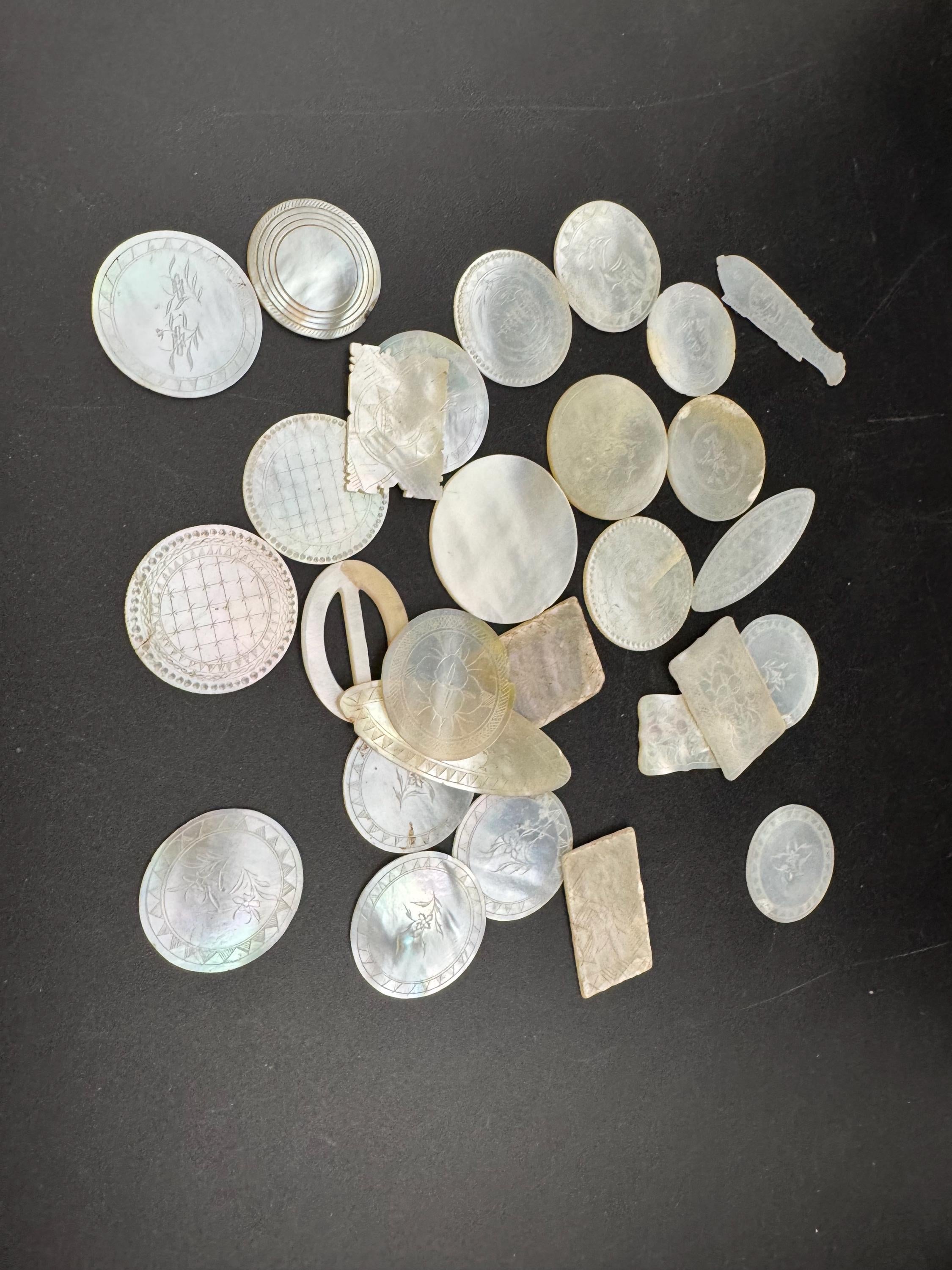 Job lot of 28 antique mother of pearl Chinese mixed gaming counters circa 17-1800s ideal for jewellery upcycle project restoration projects