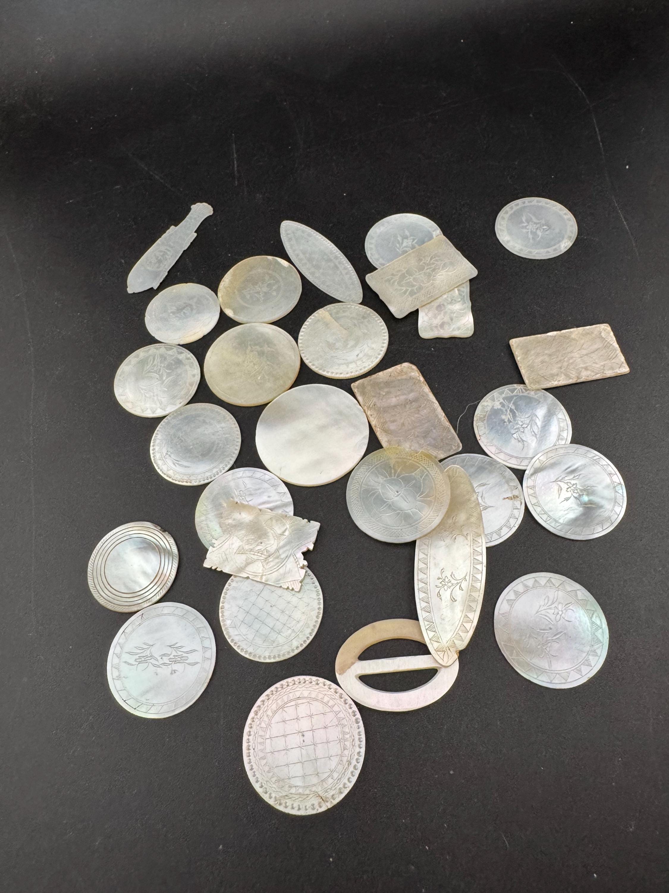 Job lot of 28 antique mother of pearl Chinese mixed gaming counters circa 17-1800s ideal for jewellery upcycle project restoration projects